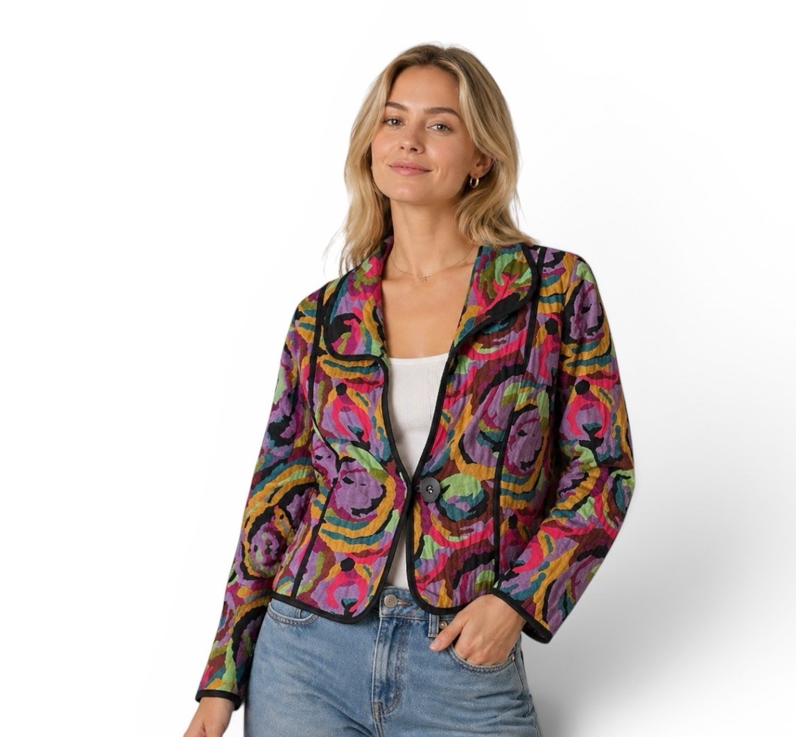 VTG Canvasbacks Multicolor Swirl Print Blazer Pink Purple & Turquoise Size M