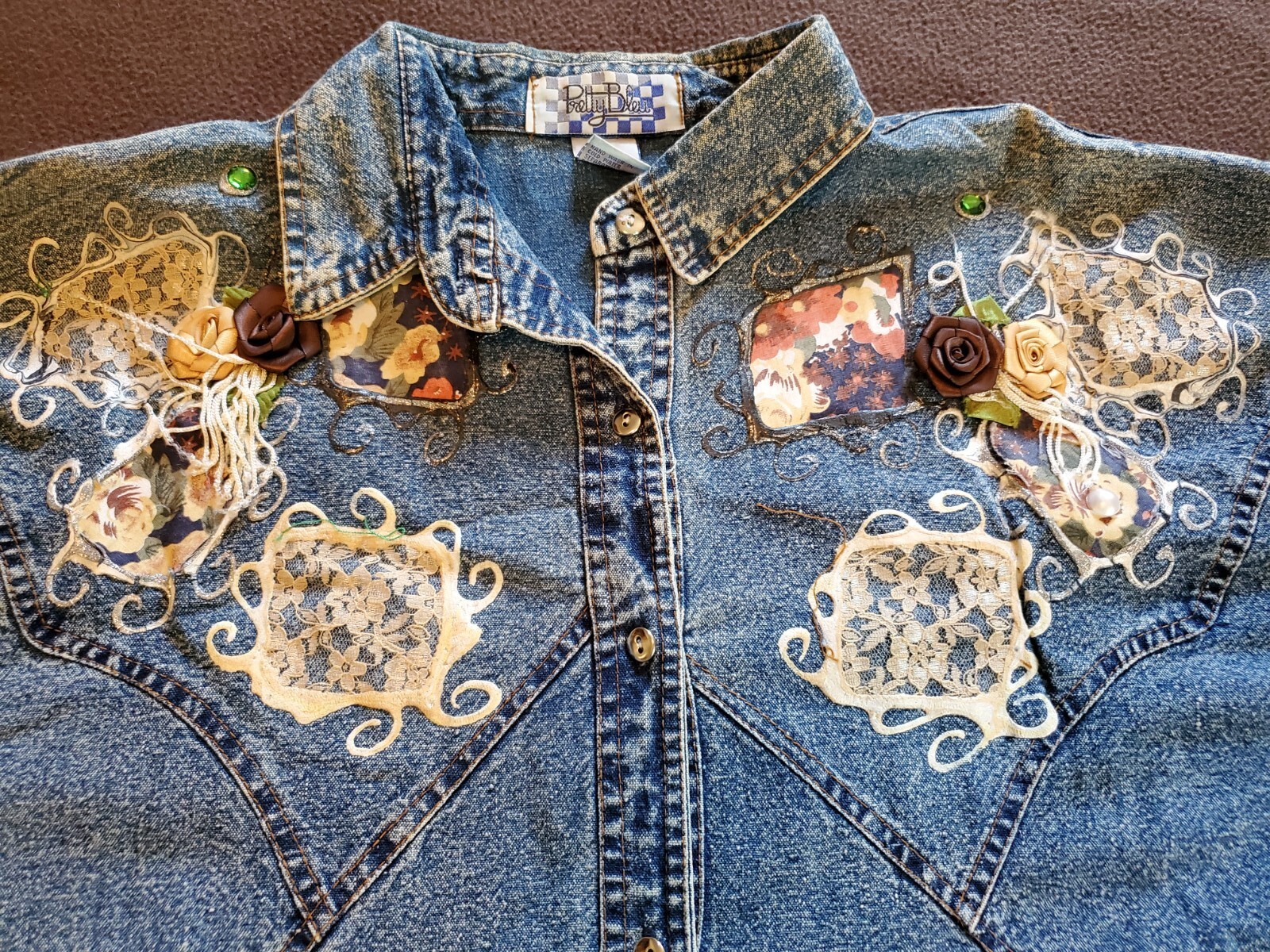 VTG 80s Denim Pretty Bleu Bedazzled Floral Button Long Sleeve Shirt Womens MED