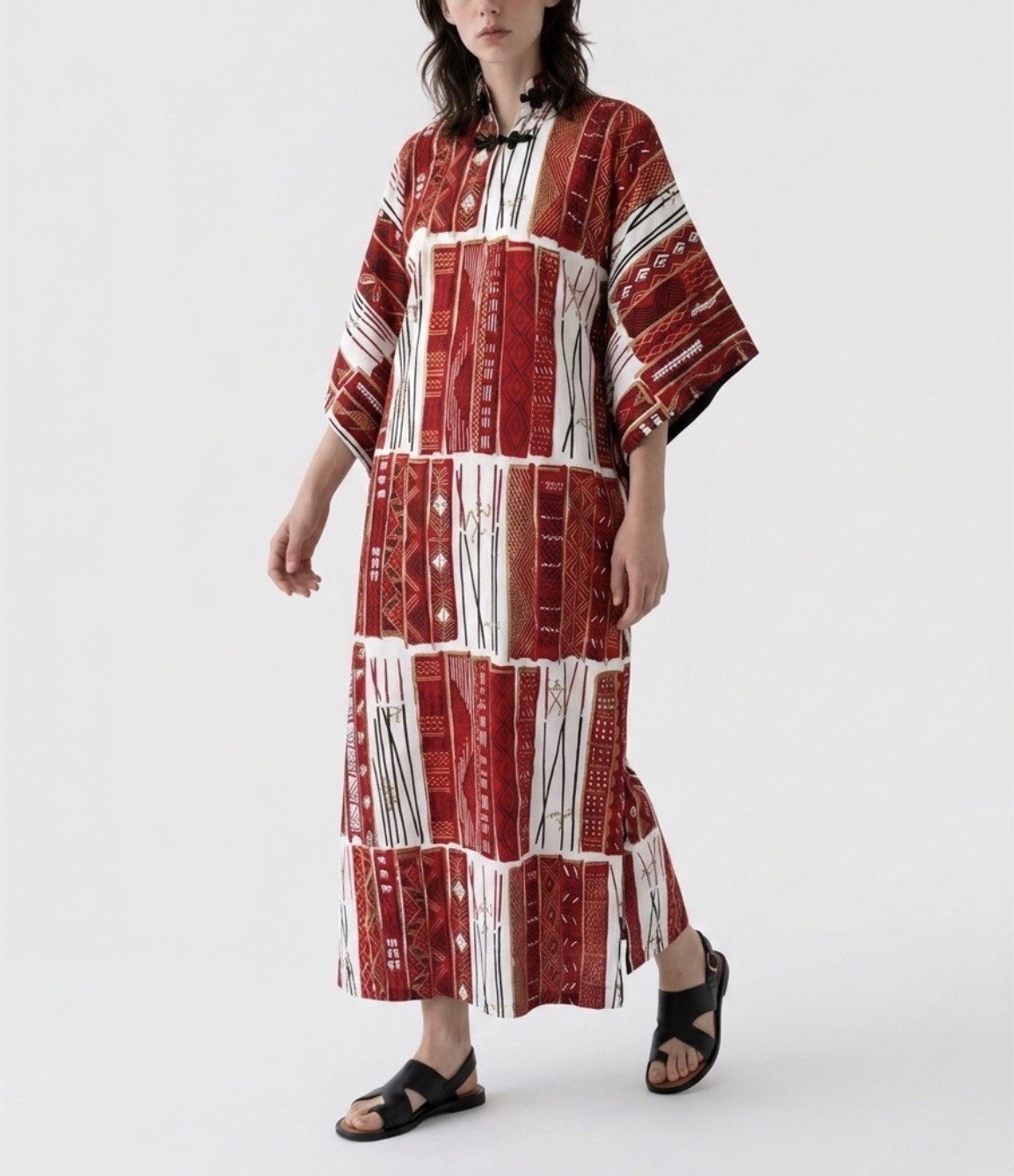 Vintage 1940s Royal Hawaiian Cotton hand painted red blk Pake Muu Tiki Dress Med