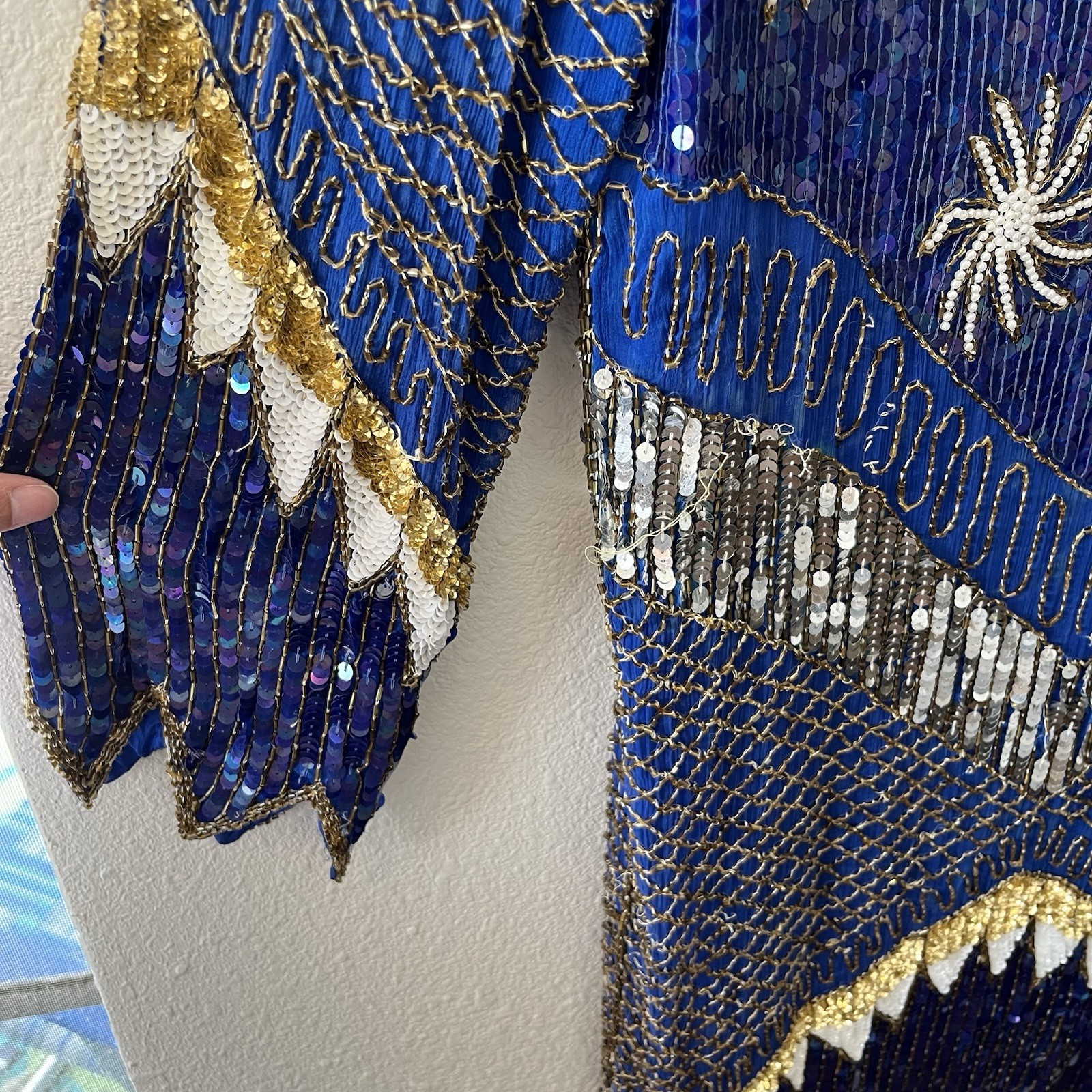Vintage 80’s Chanson D’Amour Womens Flapper Dress 100% Silk Sequin Beaded Blue