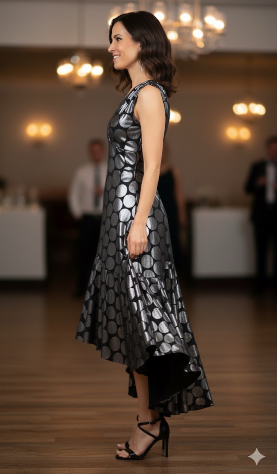 Vtg Joseph Ribkoff Tiered Black Metallic Polka Dot NYE Holiday Party Dress 8