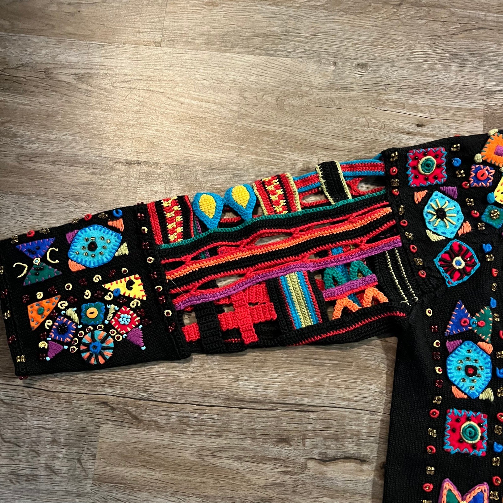 Michael Simon Vntg Beaded Embroidered Cardigan Black Multi Color Art Knit 2