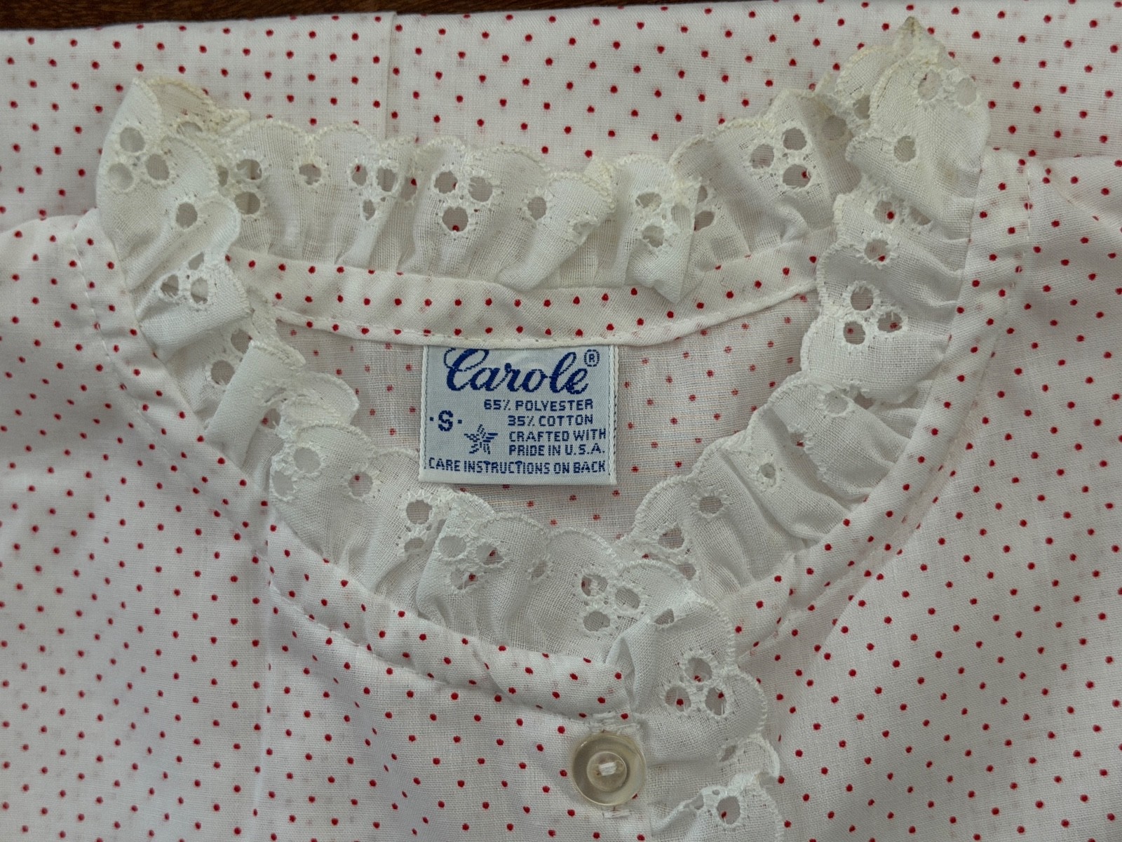 Vintage CAROLE Nightgown Gown White Red Polka Dots Eyelet Lace Buttons SMALL NOS