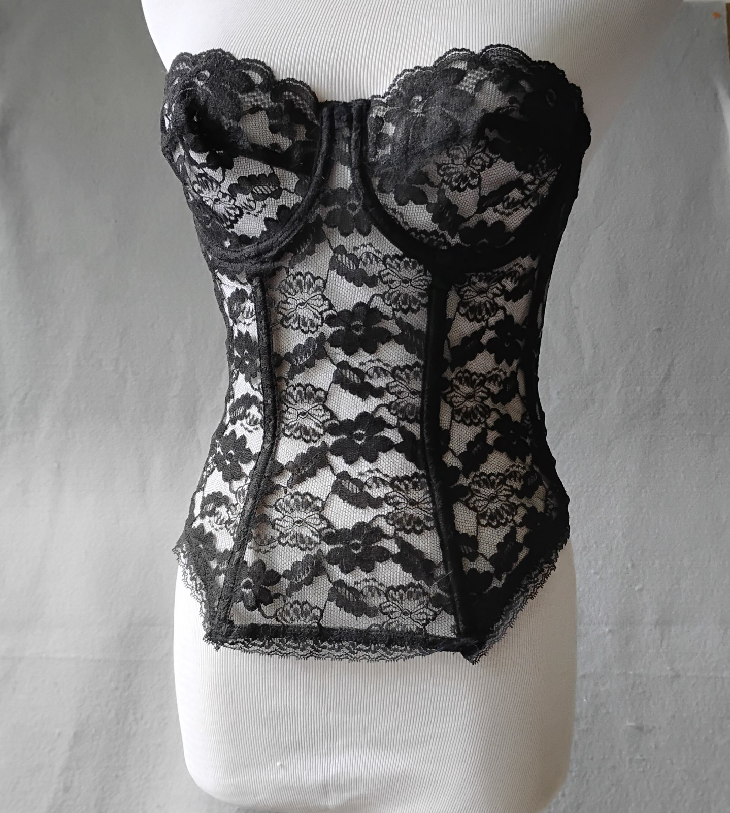 Vtg Dolores Promise by Poirette Black Lace Bustier Top Boned sz 34 USA Union