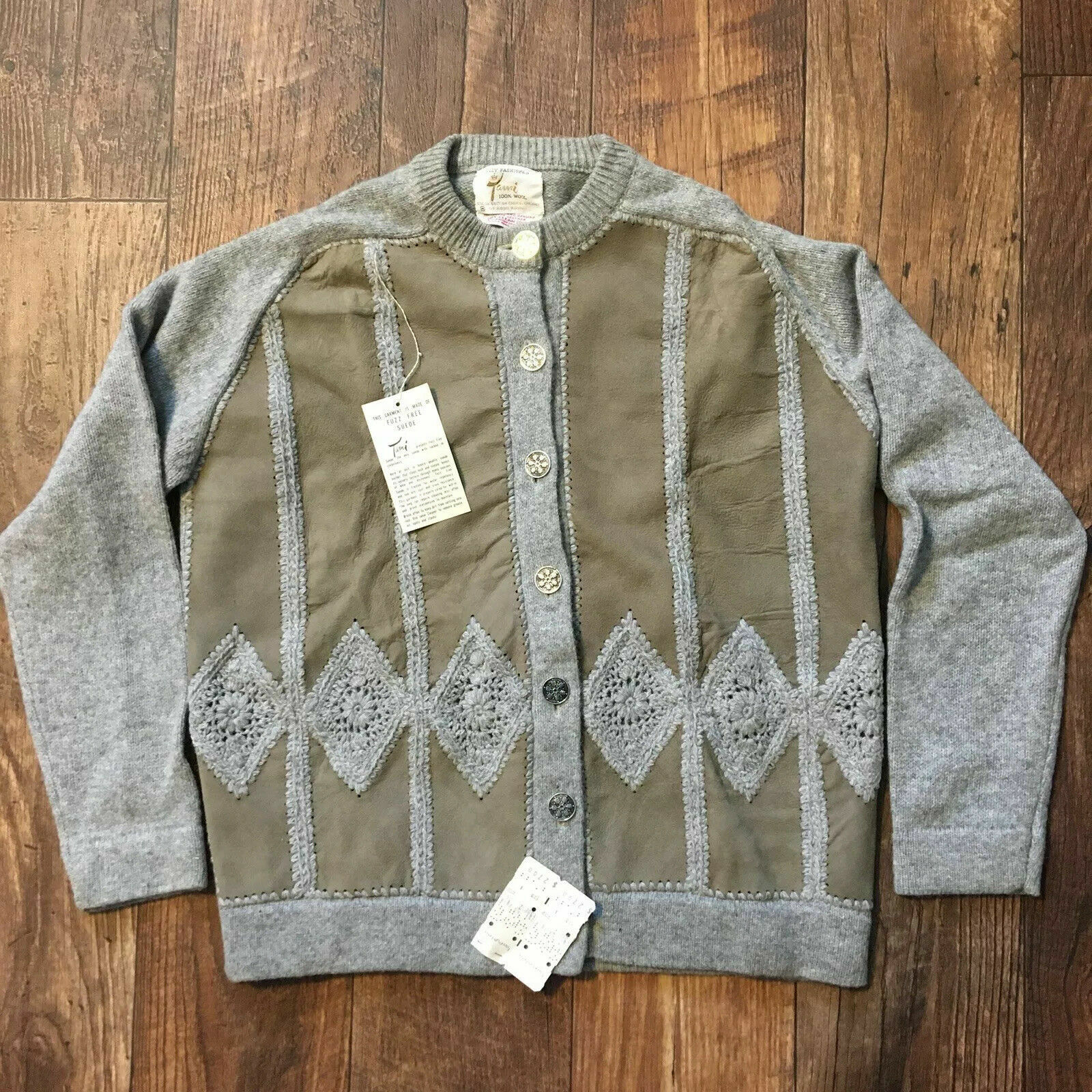 Vintage Tami 100% Wool Genuine Suede Leather Grey Tan Cardigan Sweater S Knit