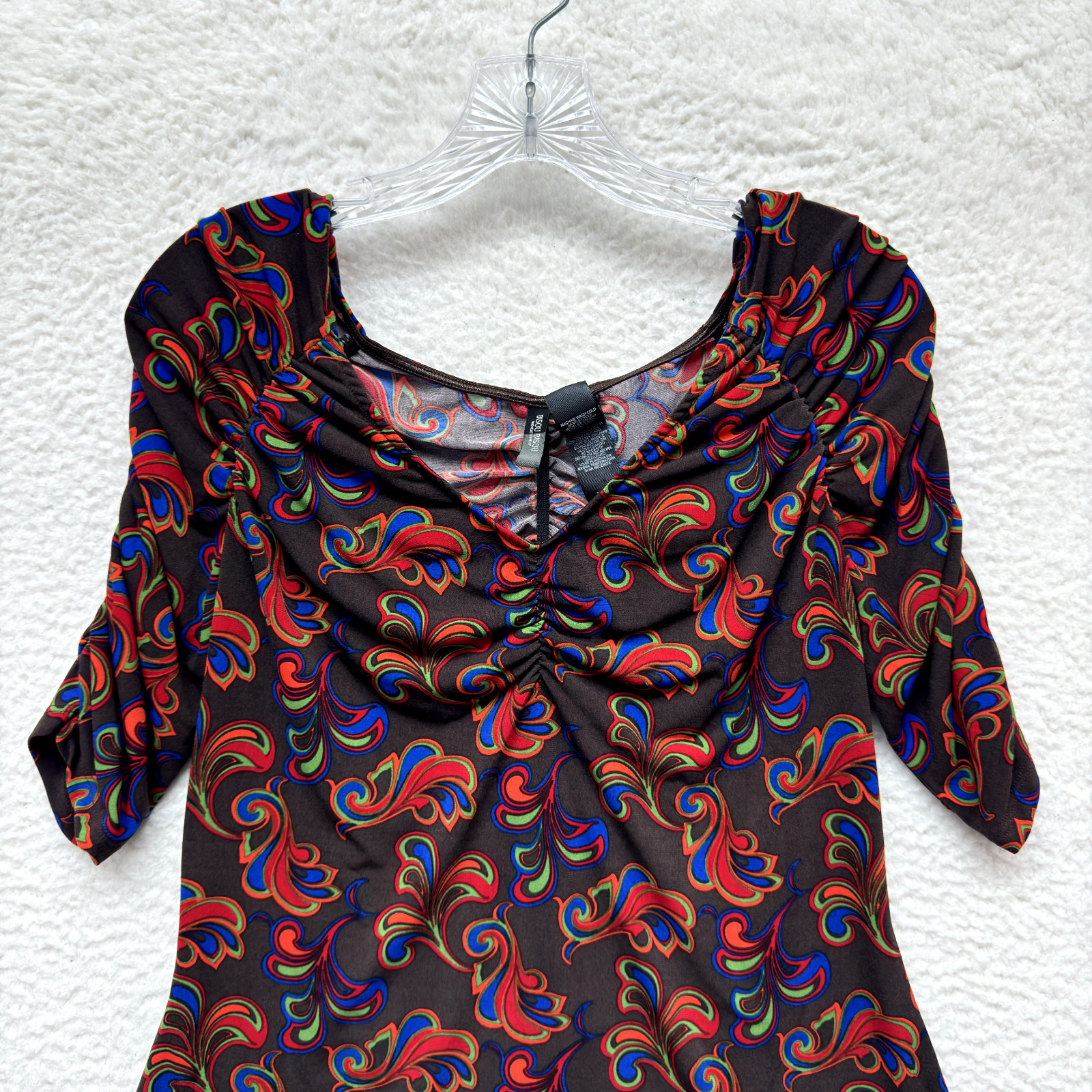 Y2K Vintage Bisou Bisou Boho Grunge Top L Large Brown Pattern Slinky Stretch