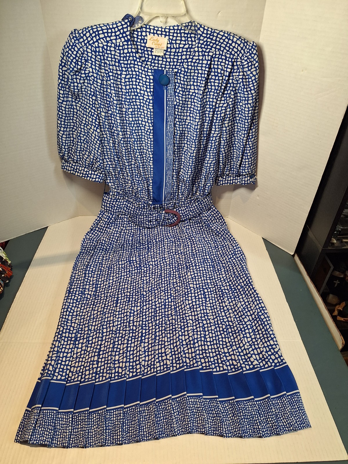 Vintage Lady Carol Dress, Woman’s 12, Polyester, Pleated, Long, Button, Belt
