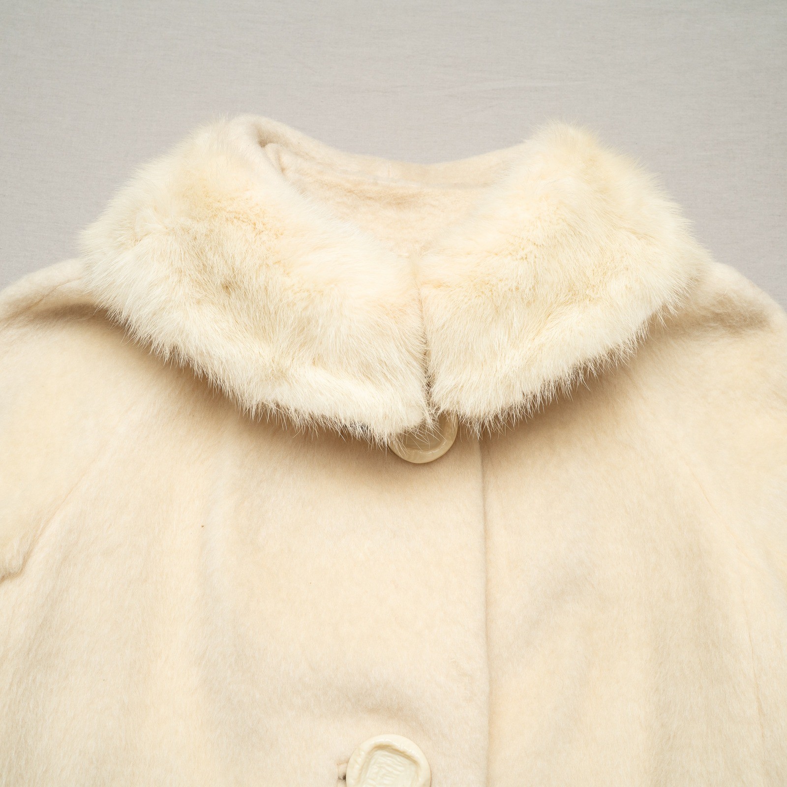 Vintage 50s Womens Pea Coat Rabbit Fur Collar Mohair Jacket Button Up Mod