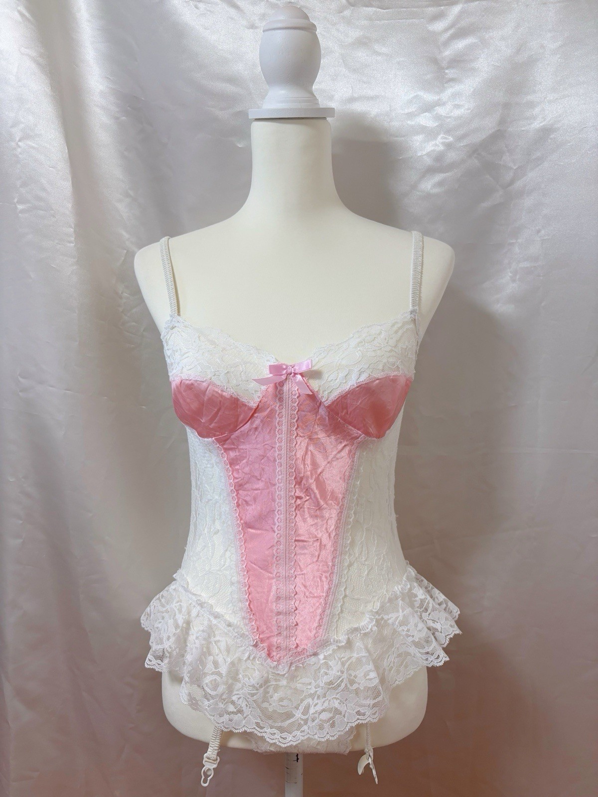 Vintage 80s Lace Pink White Lingerie Teddy Nightgown Romper Bodysuit USA Kawaii