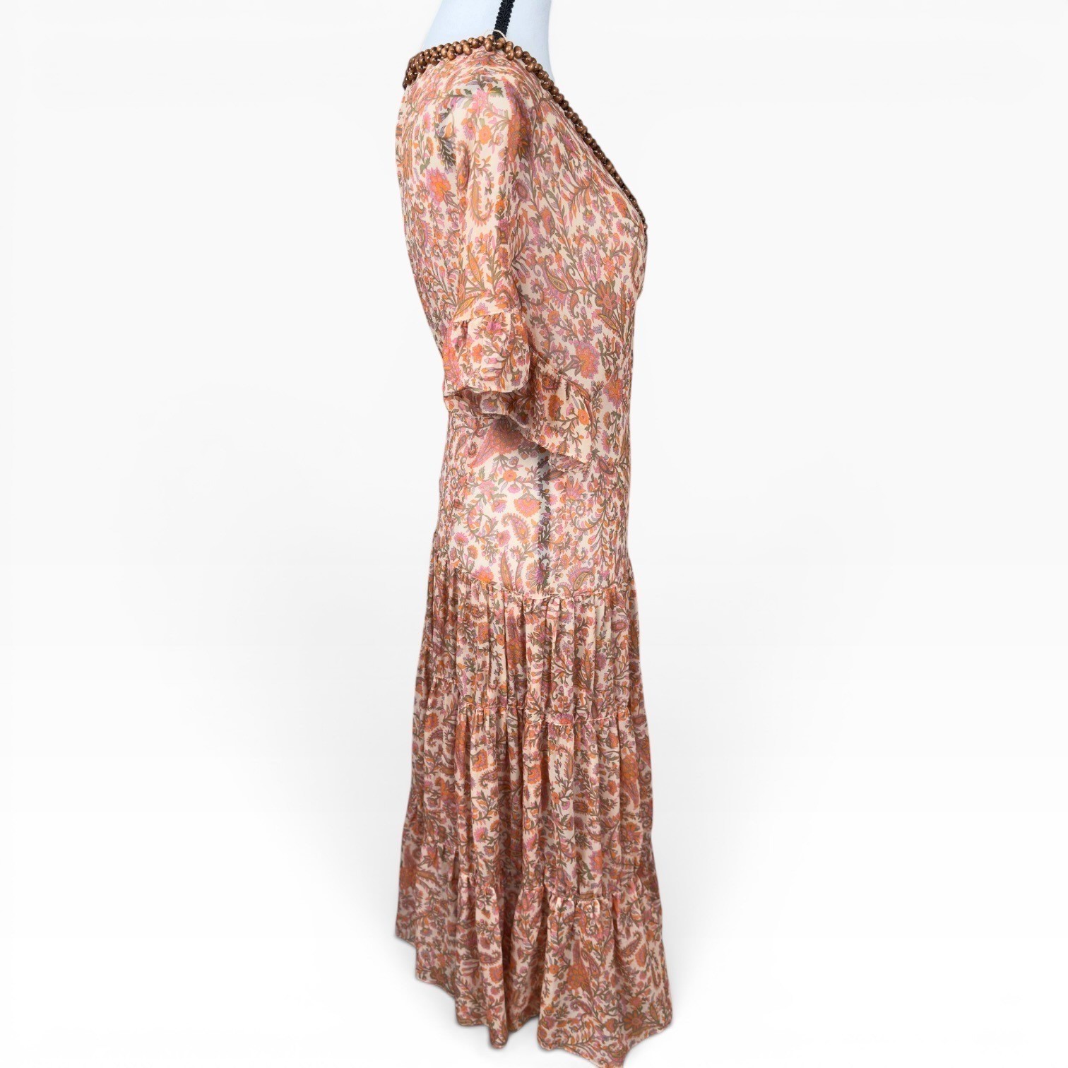 Vintage Sheer Silk Paisley Midi Dress Orange Pink Beaded V-Neck Tiered Ruffle