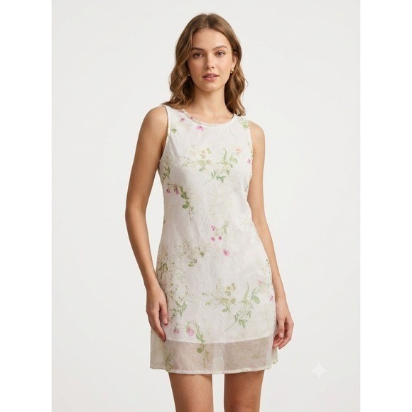 Jodi Kristopher 90s Vintage White Floral Mesh Overlay Dress S Ethereal Fairy