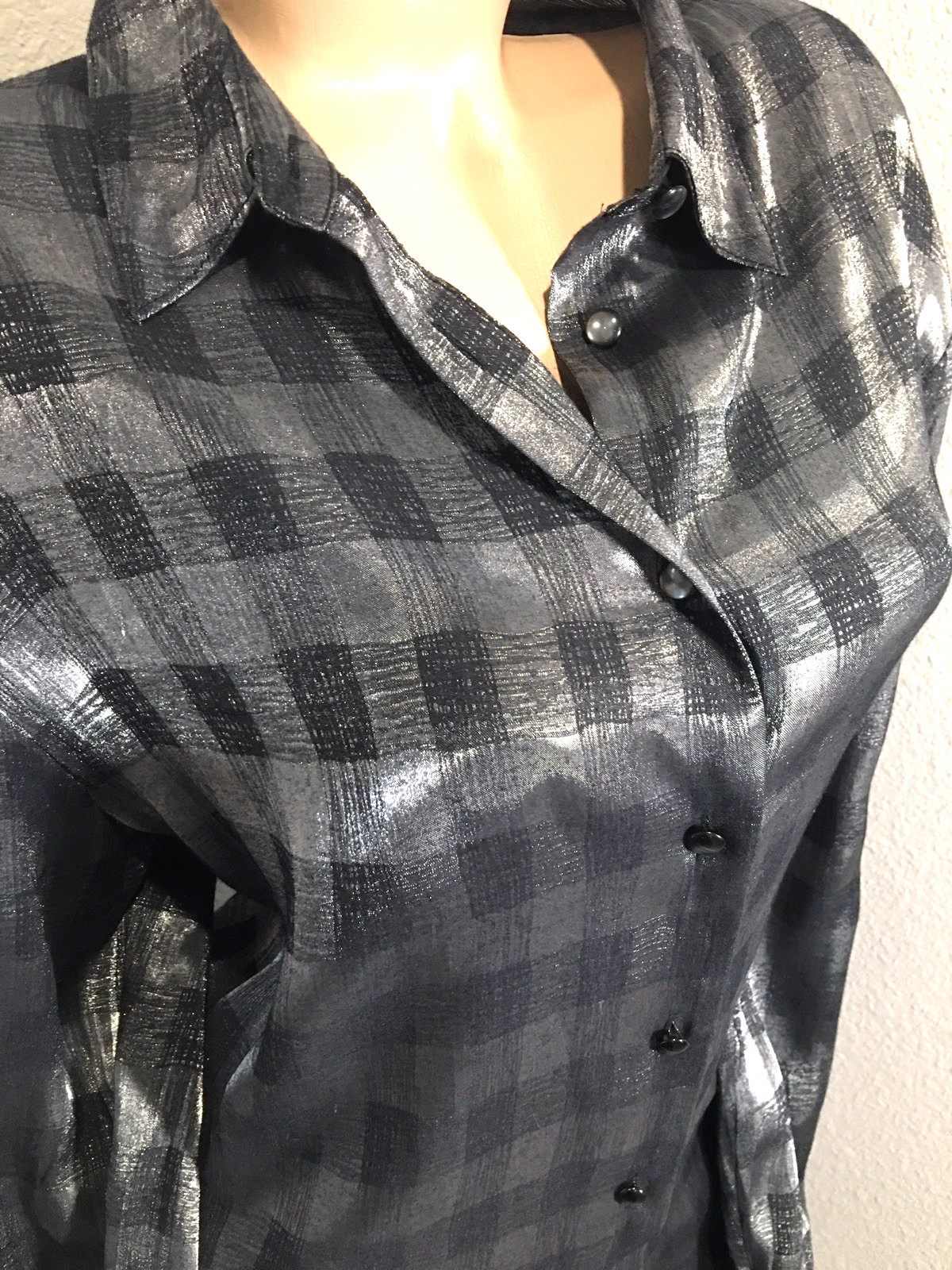 Vtg Silver Metallic Button Up Shiny Rayon Shirt Top XL