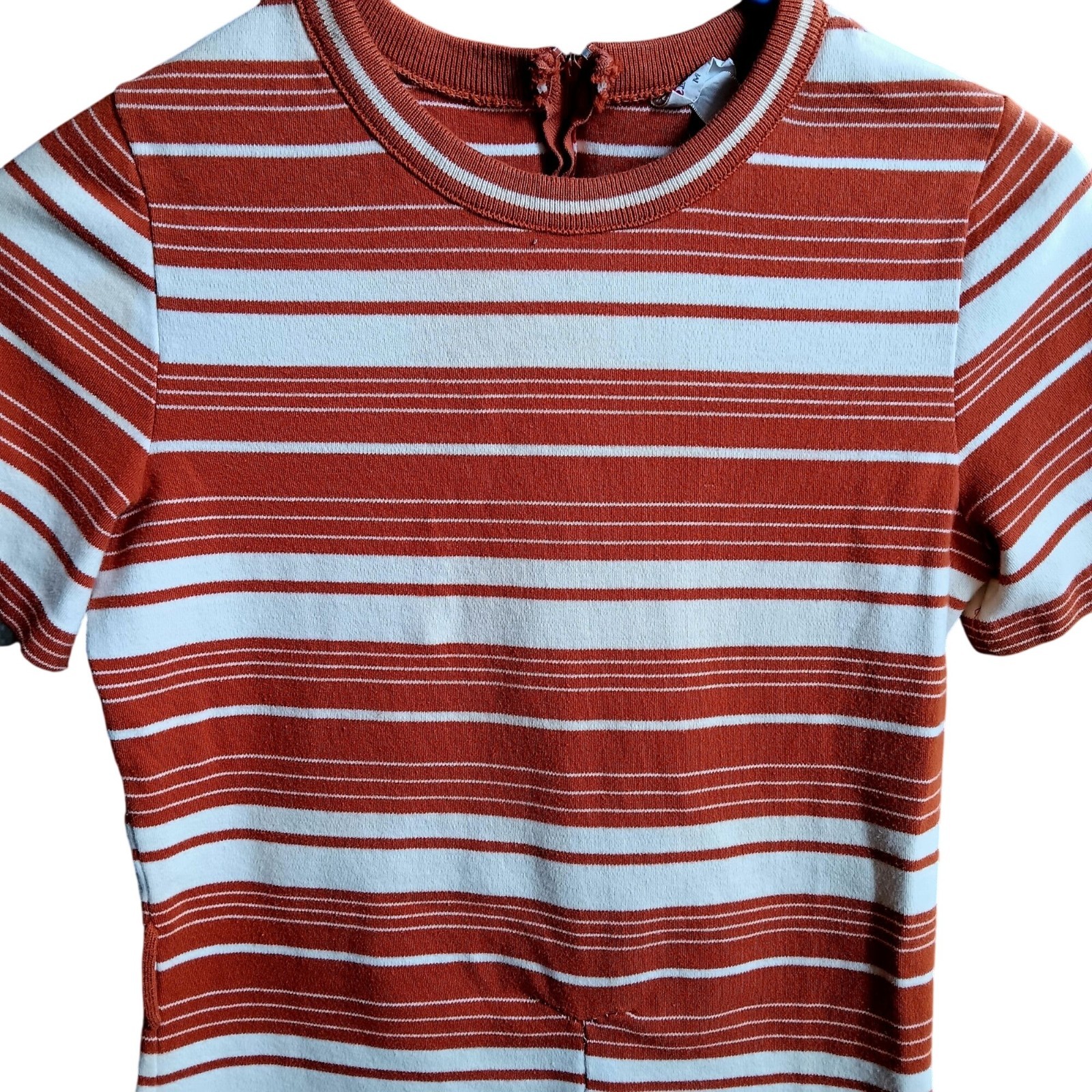 True Vintage Medium Tunic T-shirt 1970’s Striped Rust White Knit Top Back Zipper