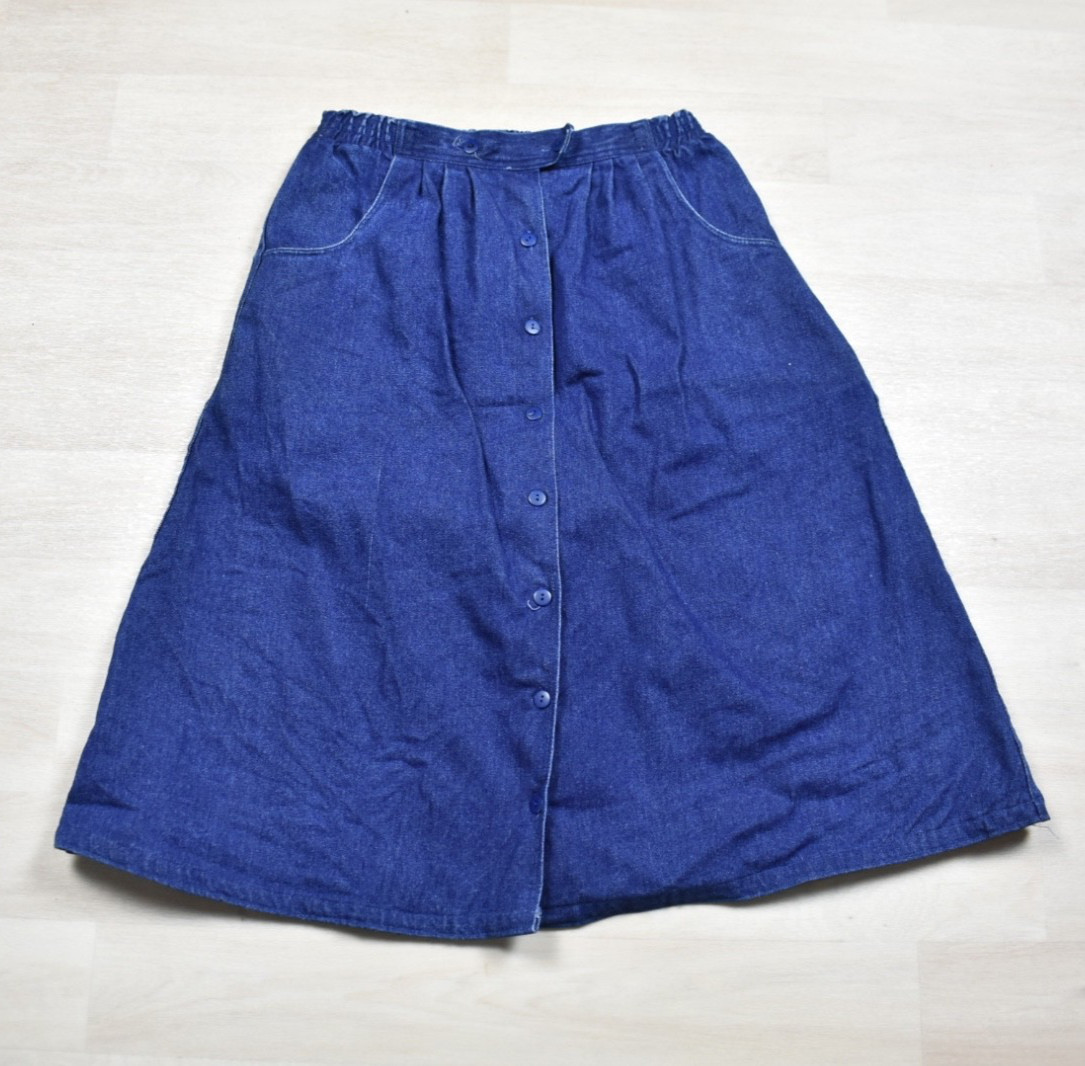 80s Northern Isles Denim Jean Midi Skirt Blue A Line Button Prairie 9/10 VTG