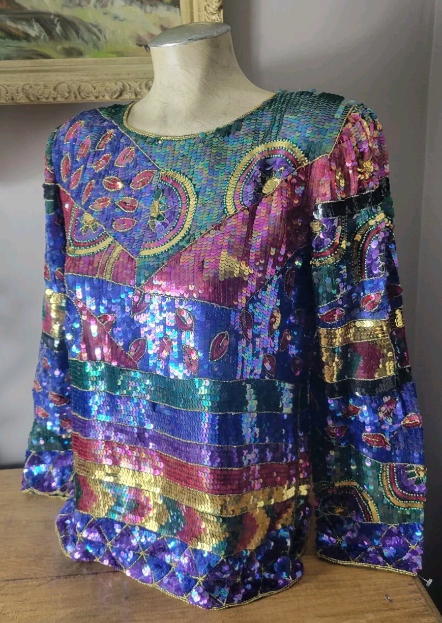Vintage Jean Joseph Le Bon Stunning Glamorous Multicolor Shirt Sequin Tunic M