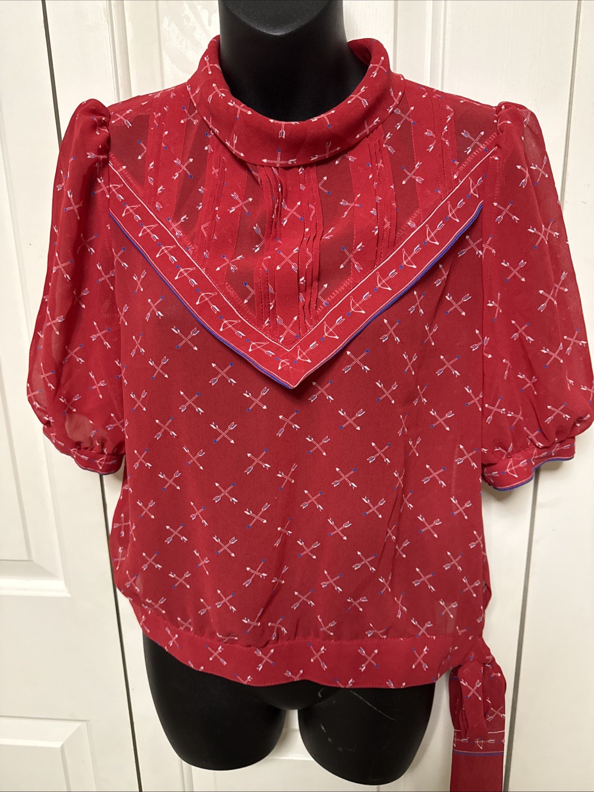 Vintage Hand-Sewn Red Blouse Artisan Made Puff Sleeve Tie Waist Small