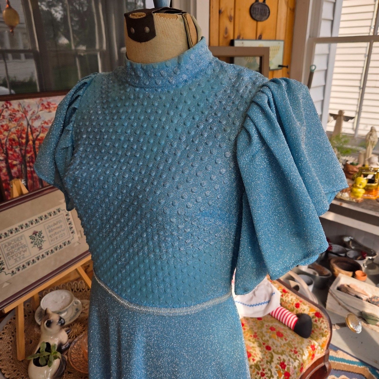 Vintage 60s Lurex Metallic Blue Maxi Disco Puffed Sleeves Transparent Size Small