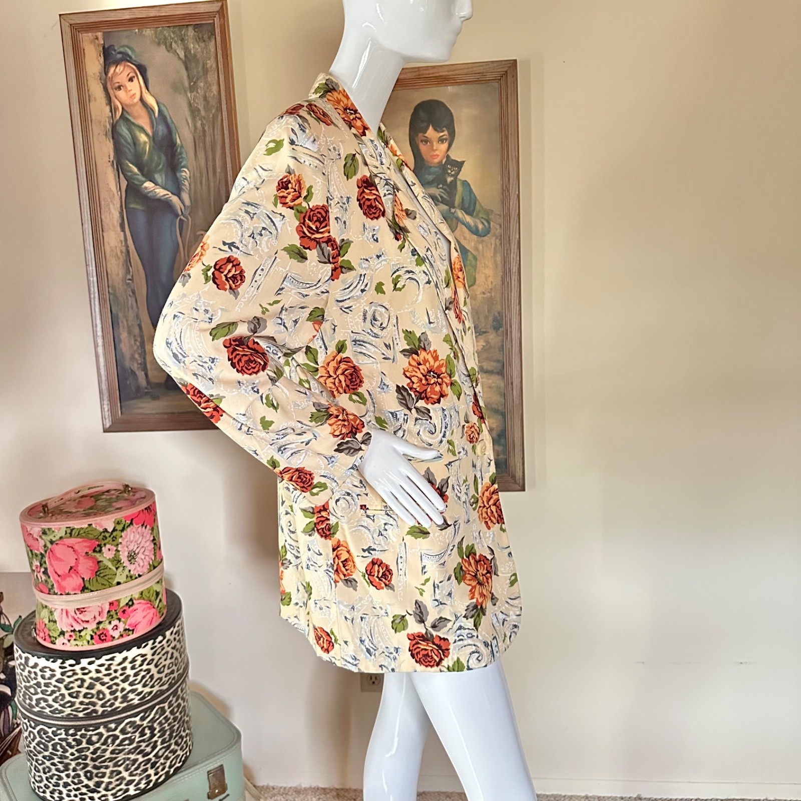 Vintage 90s Yellow Garden Floral Yuppie Blazer Work Wear Coat Jacket L/XL Volup