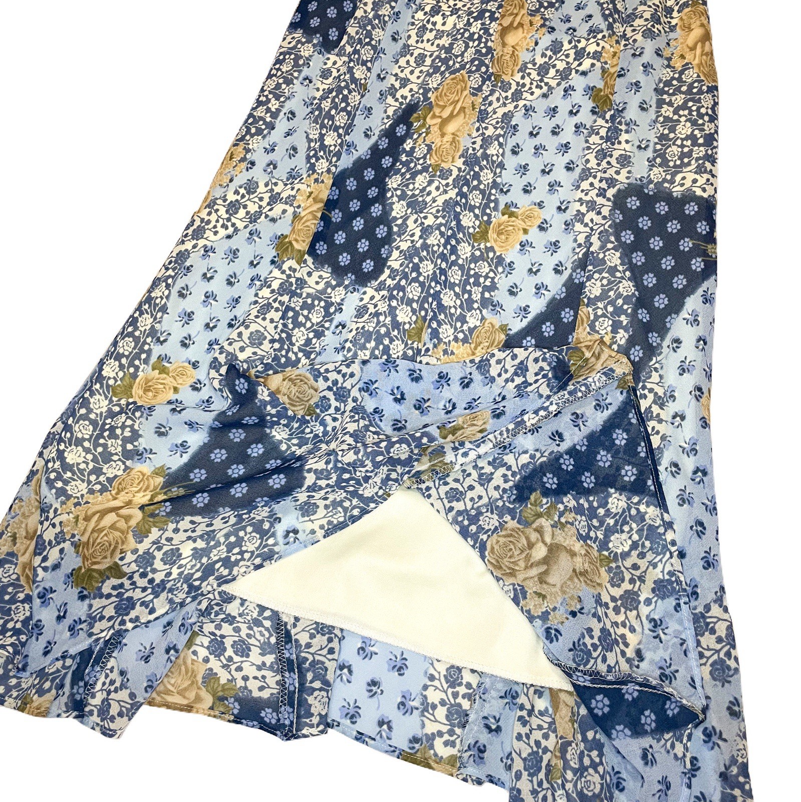 Y2K Blue And Cream Floral Patchwork Print Midi Skirt Size L