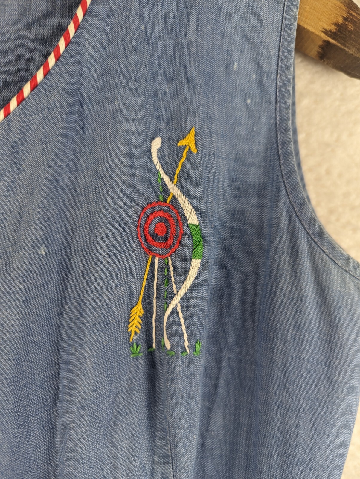 Vtg Pat Perkins Romper Dress Archery Embroidered Denim Chambray Look Pockets