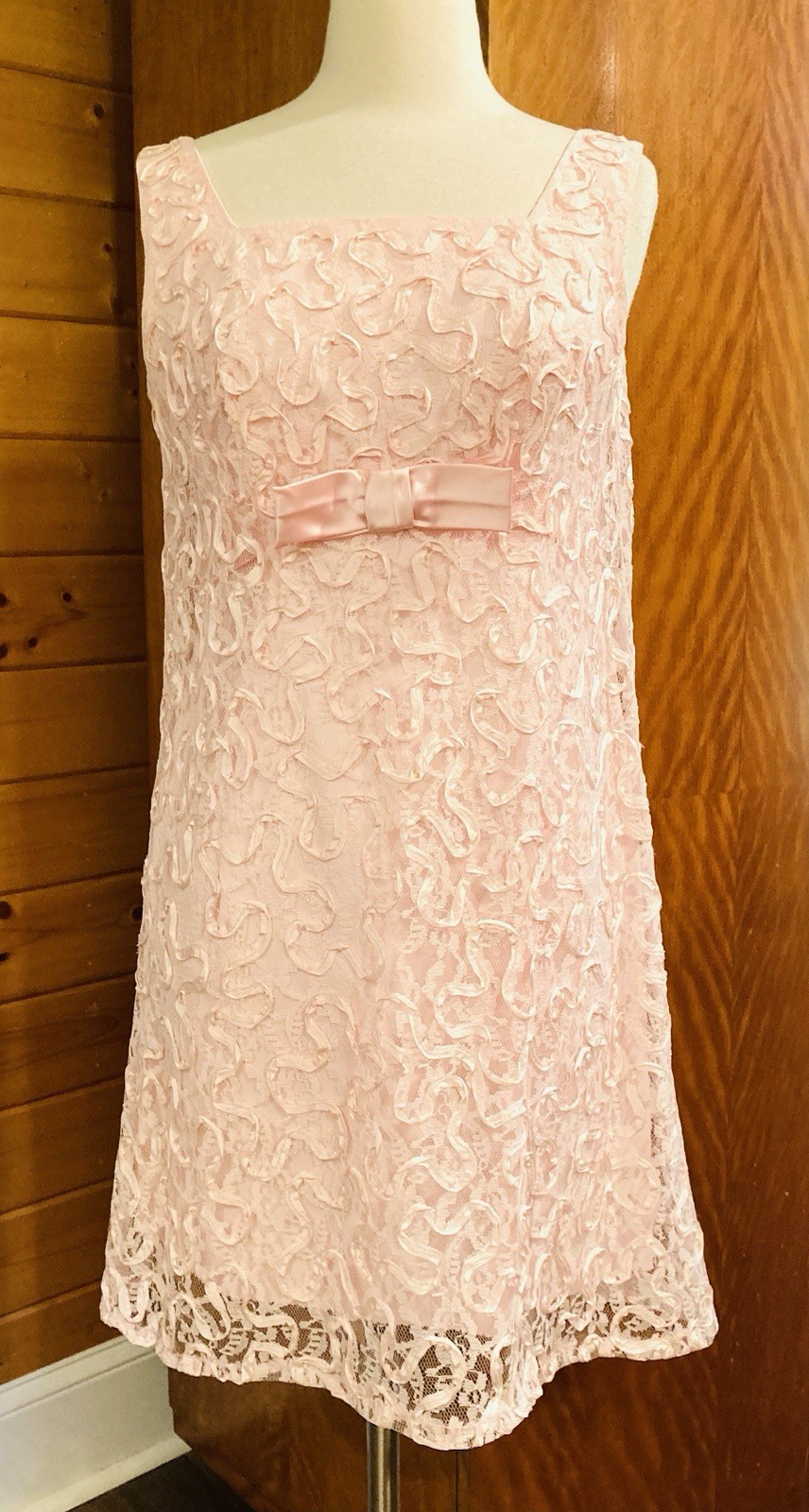 Vintage 1960s mini dress pink w lace overlay empire waist, bow party dress B 34
