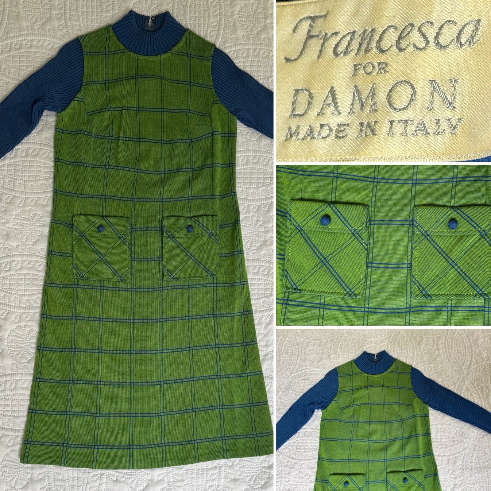 VTG 60’s Francesca For Damon Italy Green Blue Dress S/M Long sleeve MOD GoGo MCM