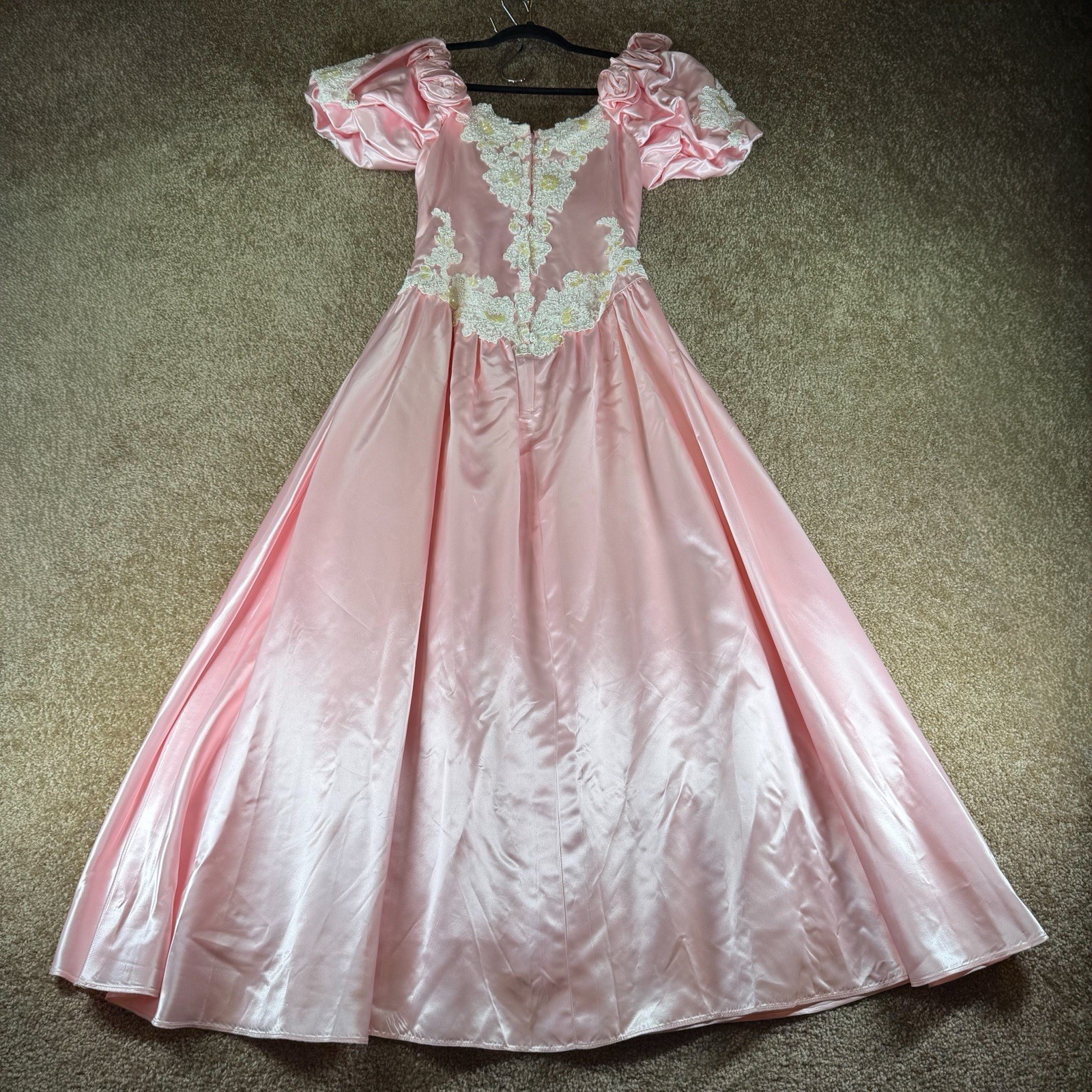 Vintage Pink Satin Gown With Beaded And Lace Details Ruffled Puff Sleeves Small