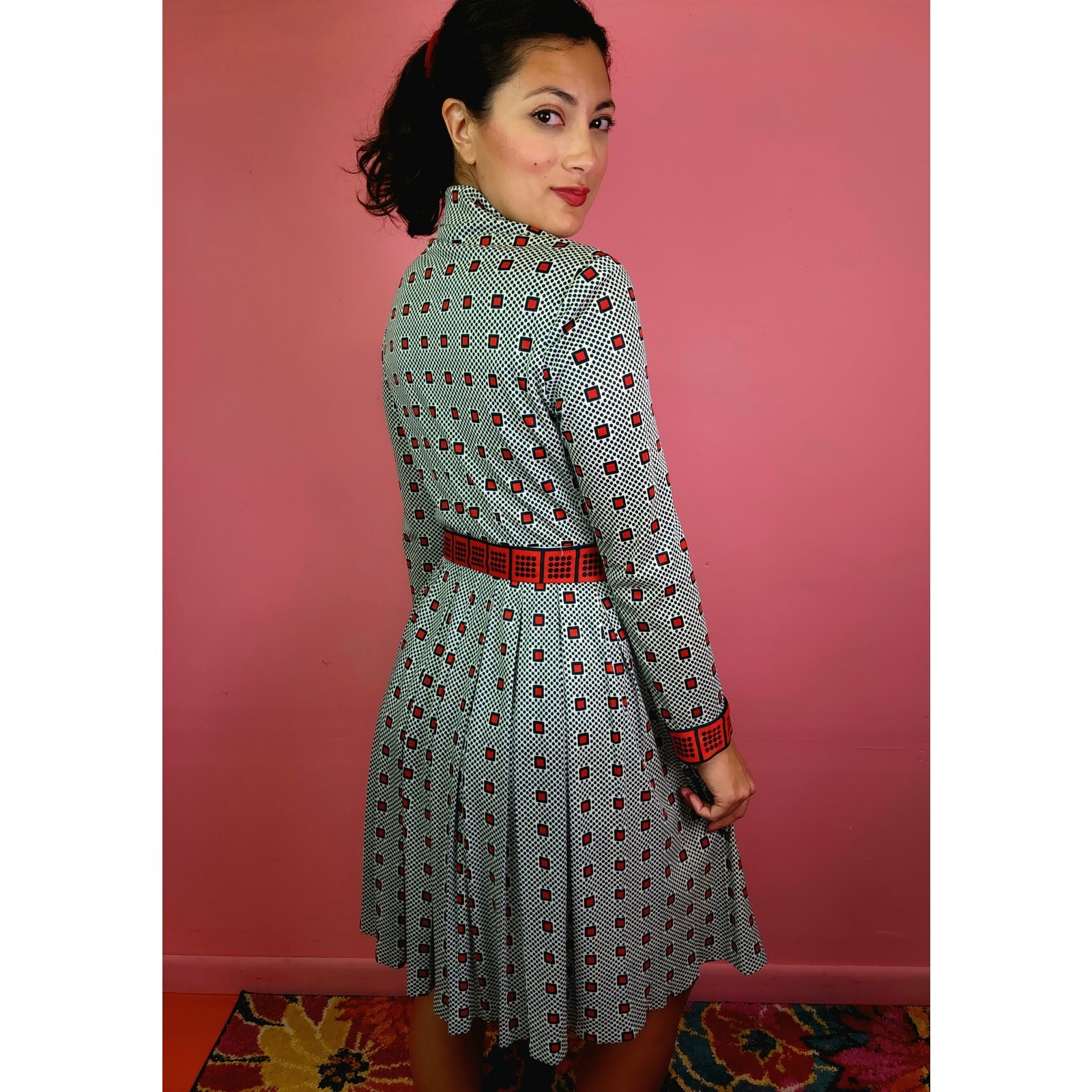 Vintage 1970’s Green and Red Checkered Dot Patterned Pleated Shirt Dress