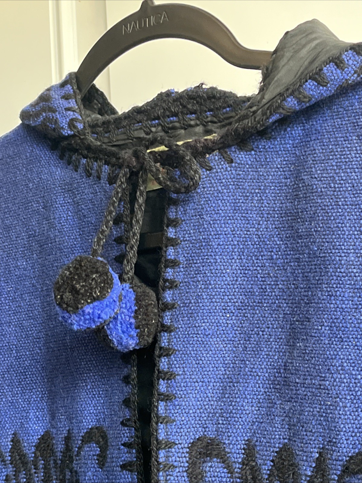 Vintage Woman’s Knit Crocheted Blue & Black Poncho Jacket Wool Cotton Lined