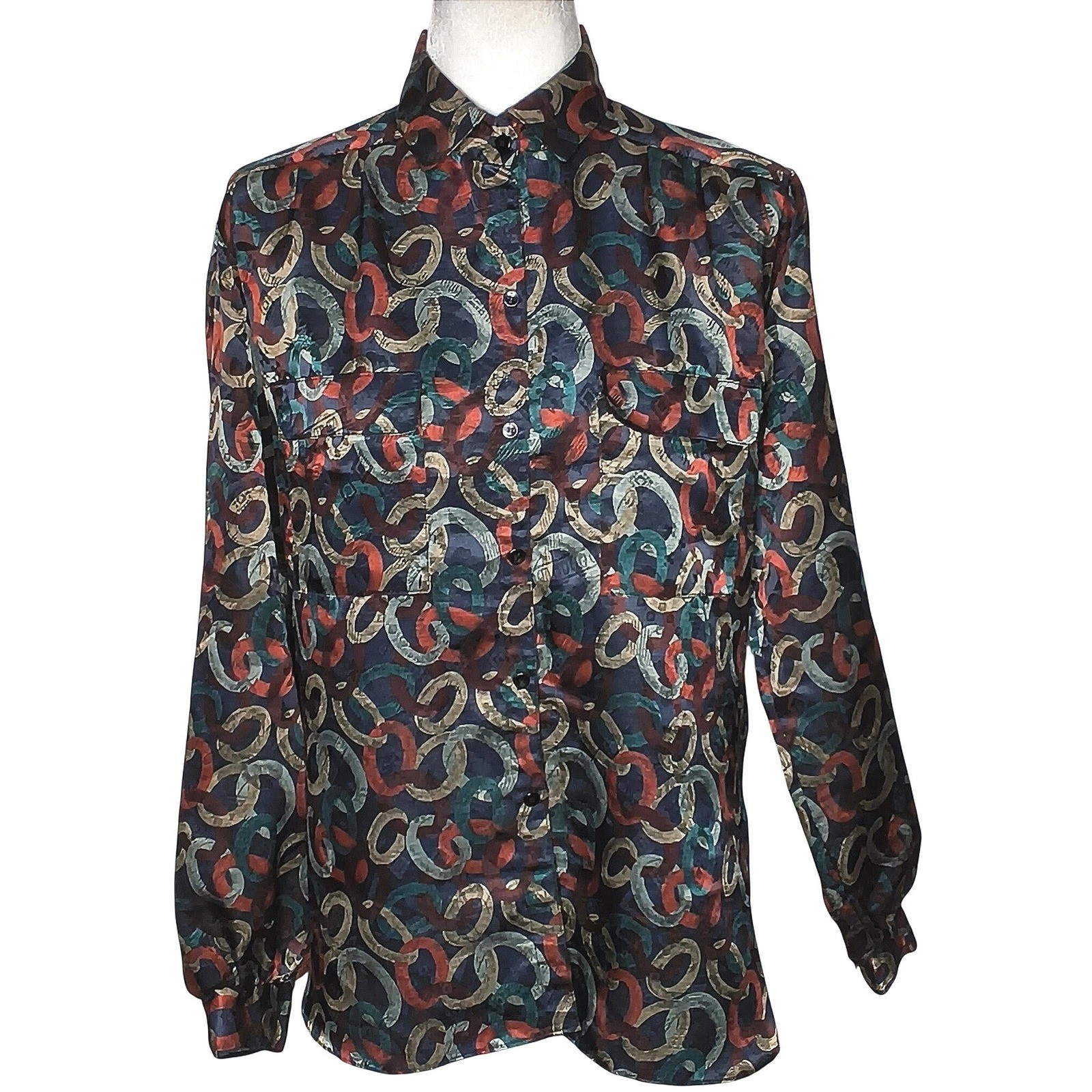 Vintage All Hours Chain Link Blouse Women Small Multicolor Long Sleeve Button Up