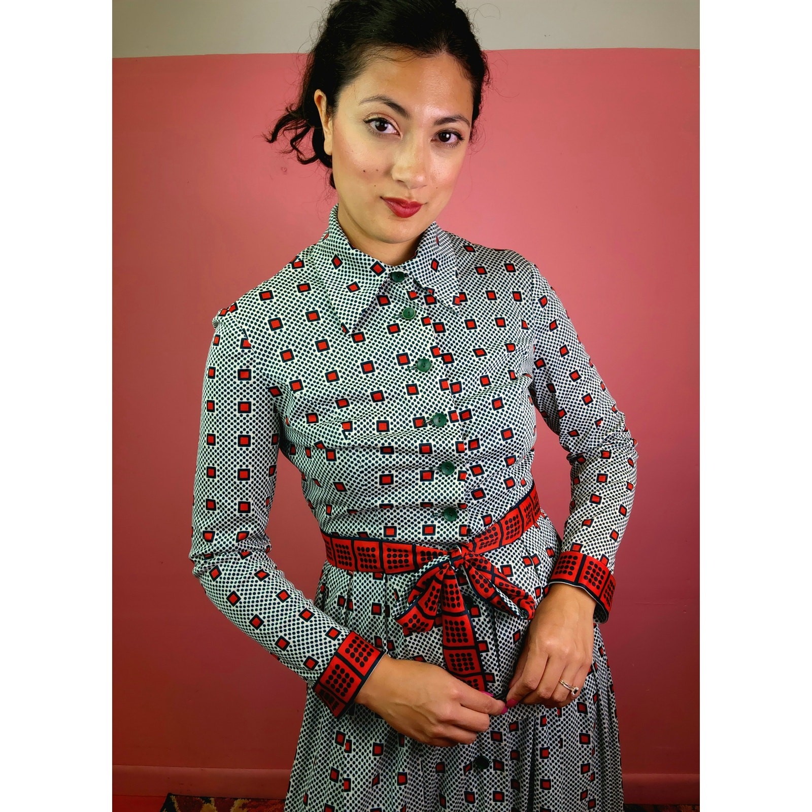 Vintage 1970’s Green and Red Checkered Dot Patterned Pleated Shirt Dress
