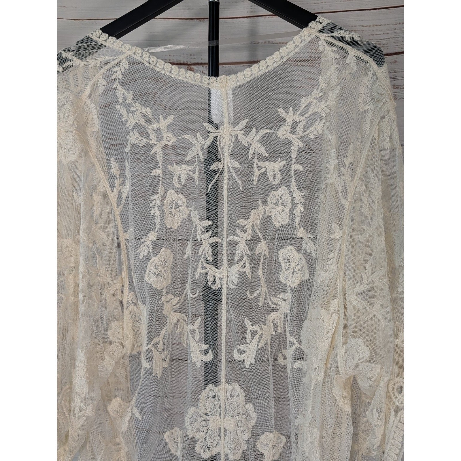 Cream Floral Lace Kimono Cardigan L-XL Embroidered Sheer Boho