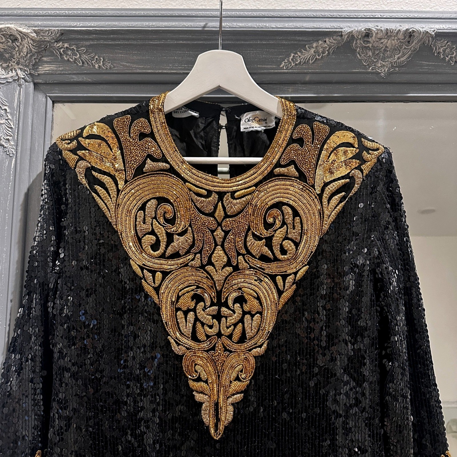 Vintage 80s 100% Silk Oleg Cassini Sequined Gold Beaded Embellished Boho Dress S