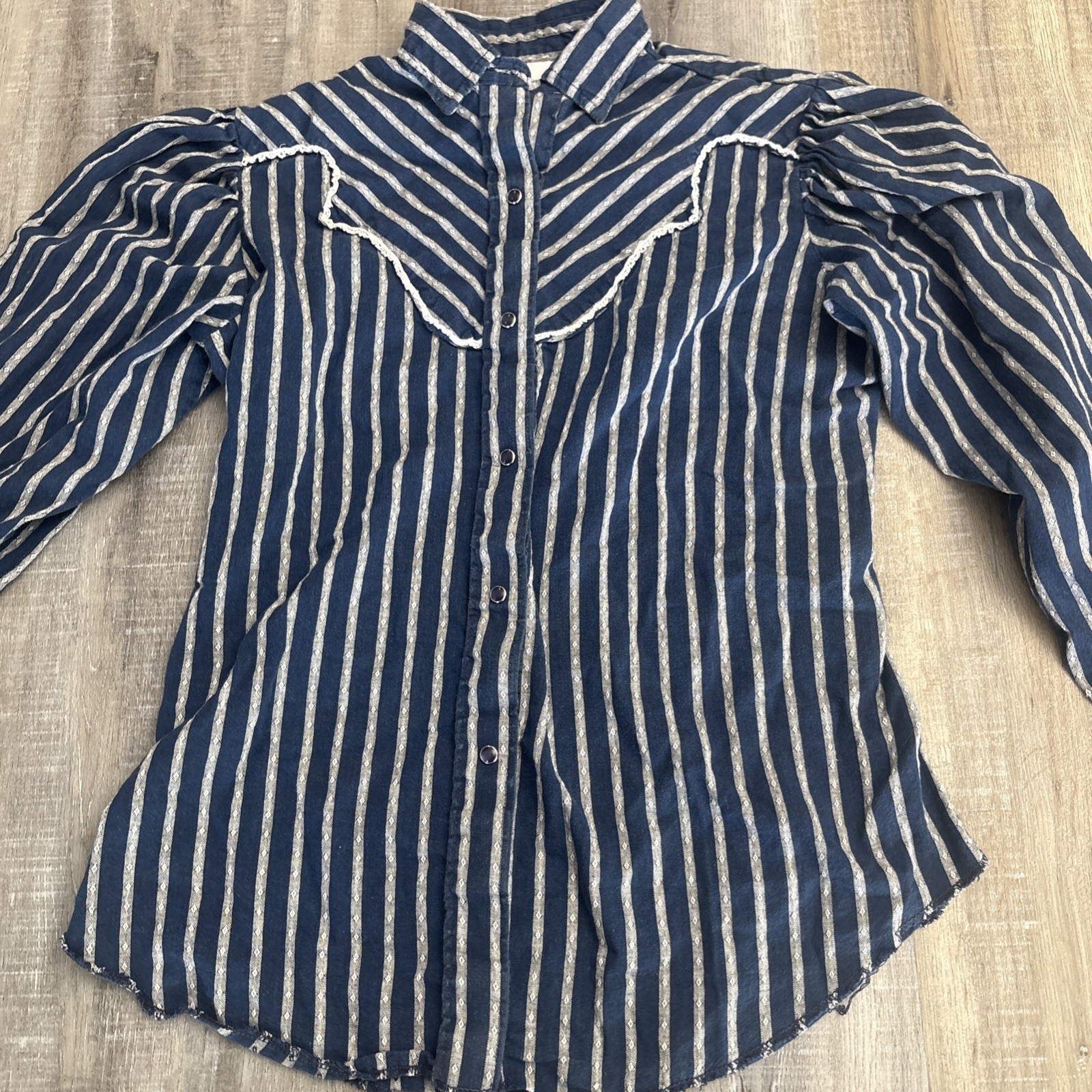 Vtg Miss Rodeo America Prairie Western Blouse Blue Stripe Puff Sleeve Cowgirl