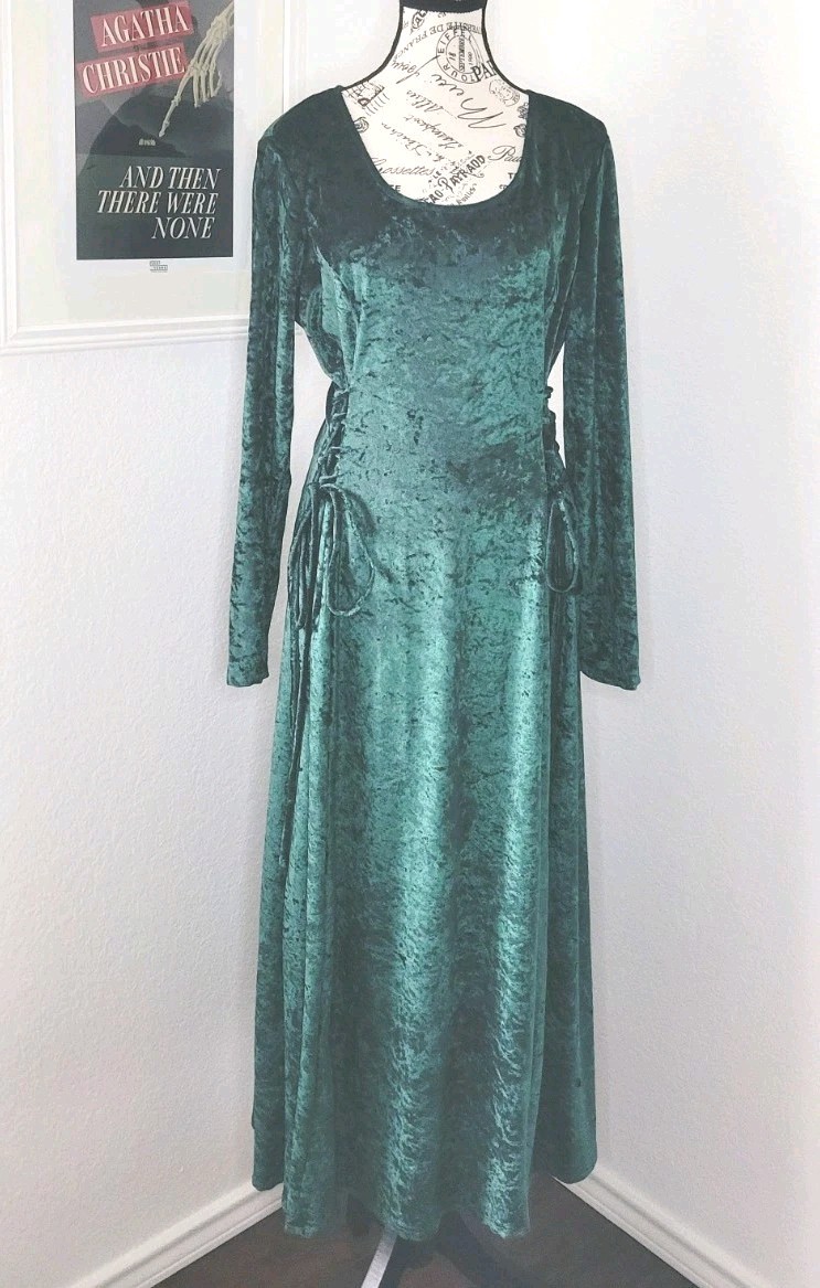 Vintage Crushed Velvet Emerald Green Maxi Dress Whimsygoth Lace Up Size Large