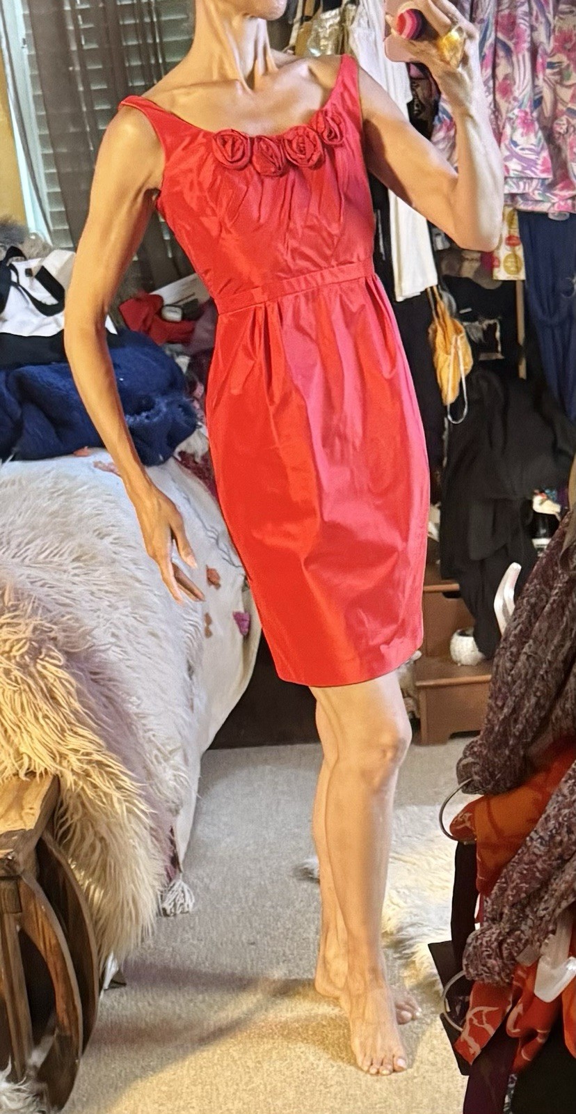 Vtg Red Carmen Marc Valvo Silk Regal Neck Empire Cocktail Roses Dress XS