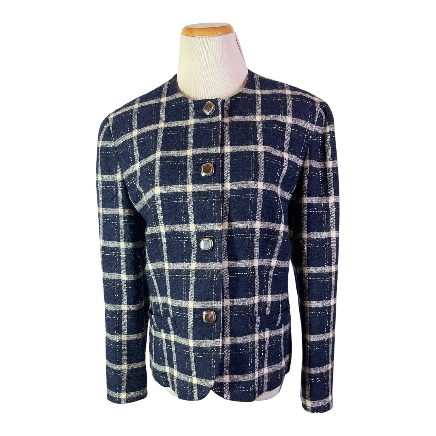 Vintage Pendleton Size 10 Button-Front Plaid Wool Jacket Blue Silver