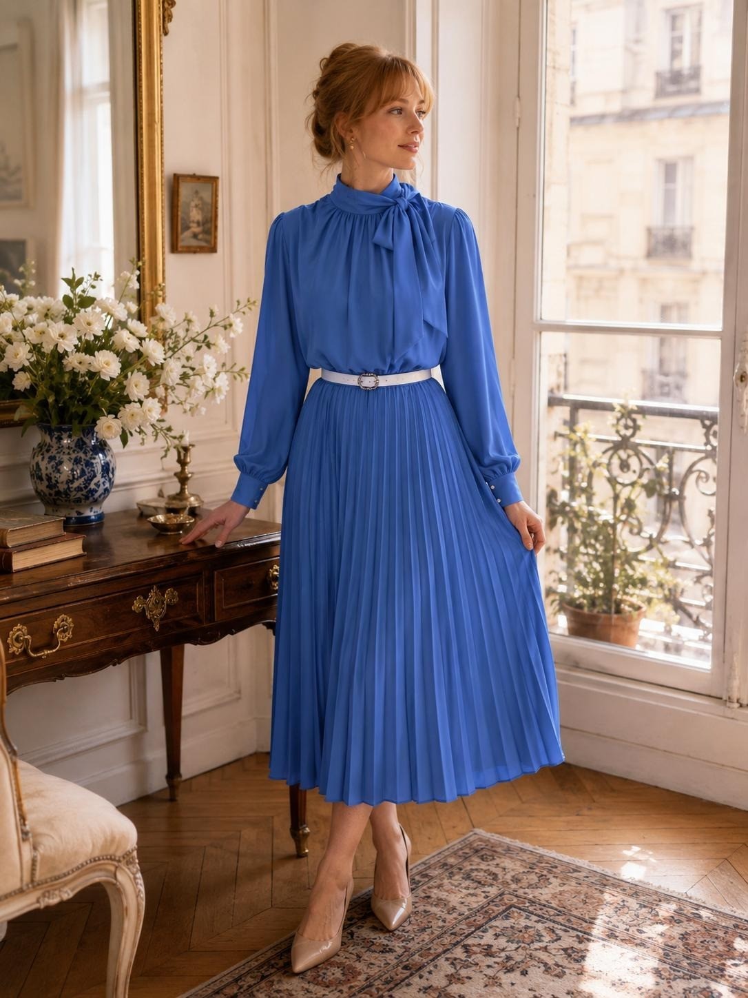 Vintage Topper Cornflower Blue Pleated Midi Dress | Bow Neck Secretary Dress | L