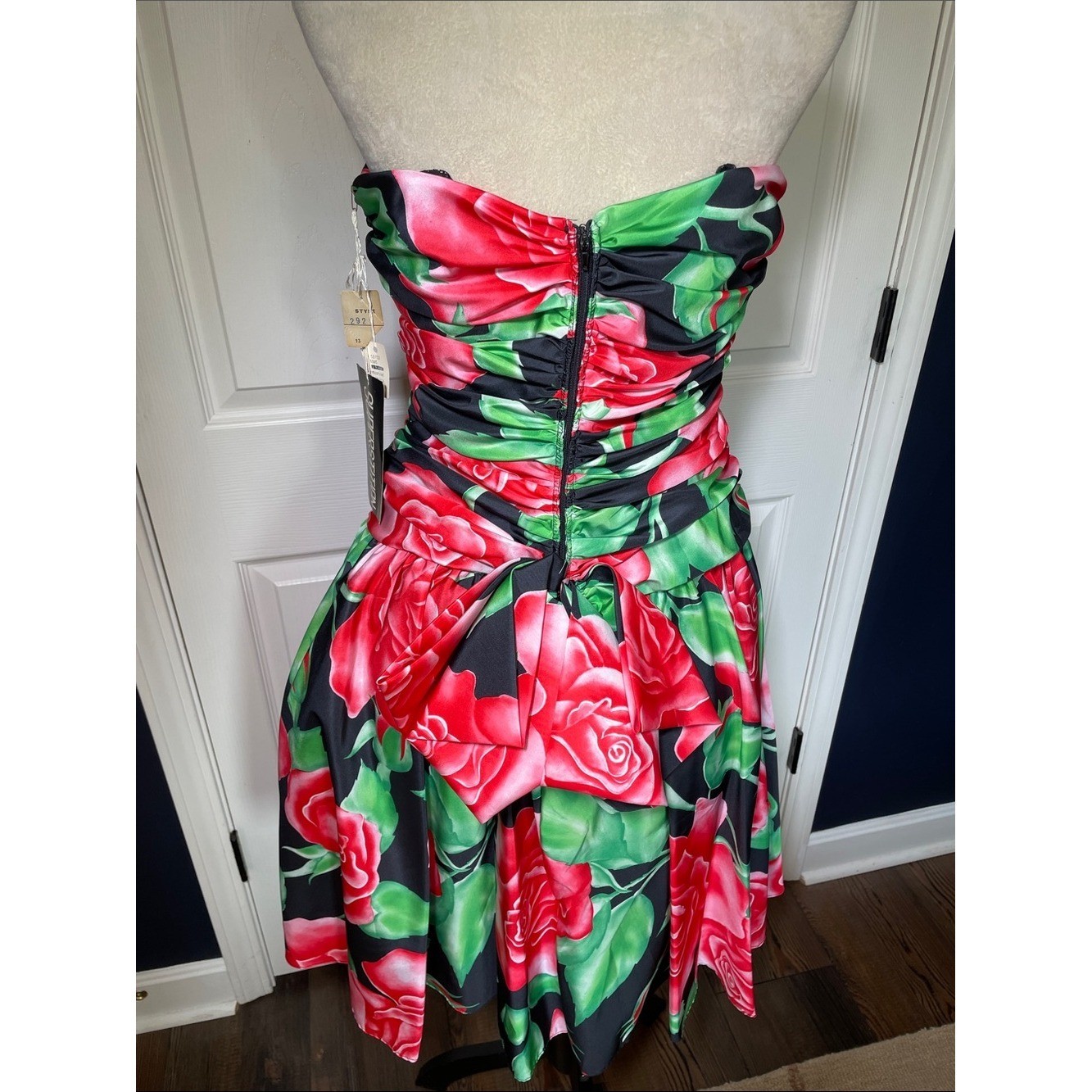 NWT Vintage 80a Superstition Strapless Rose-Print Midi Dress Red Green Black Sz8