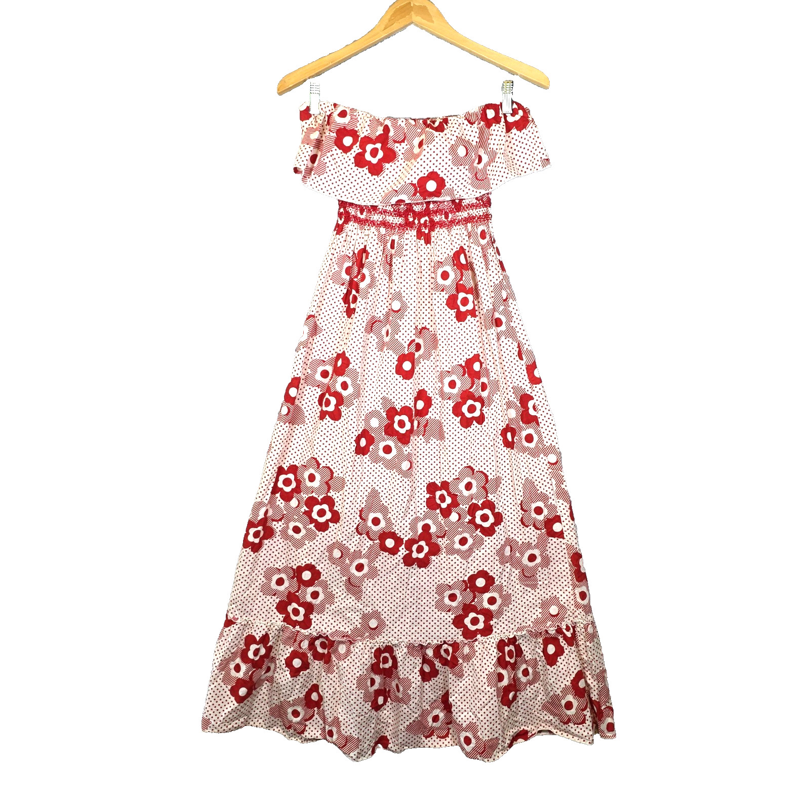 Vtg GLAM Retro Floral Polka Dot Maxi Dress Strapless Ruffle Off Shoulder USA M L
