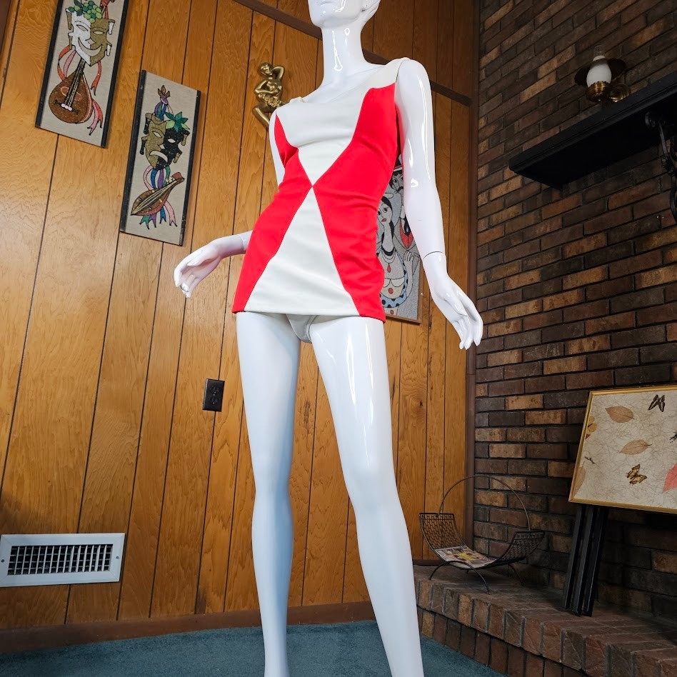 Vtg 70s Mod Color Block Volup Sears Sea Stars Diamond Swimsuit Bathing Suit L/XL