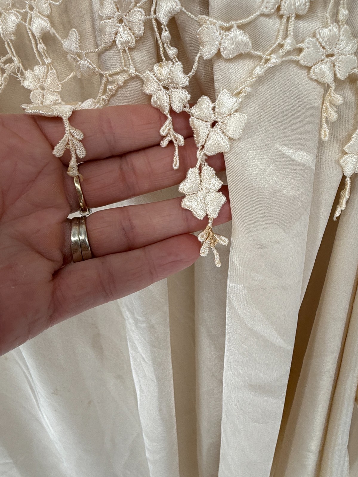 Vintage Ivory Lace Satin Midi Dress Cottagecore Victorian Prairie Romantic Fairy