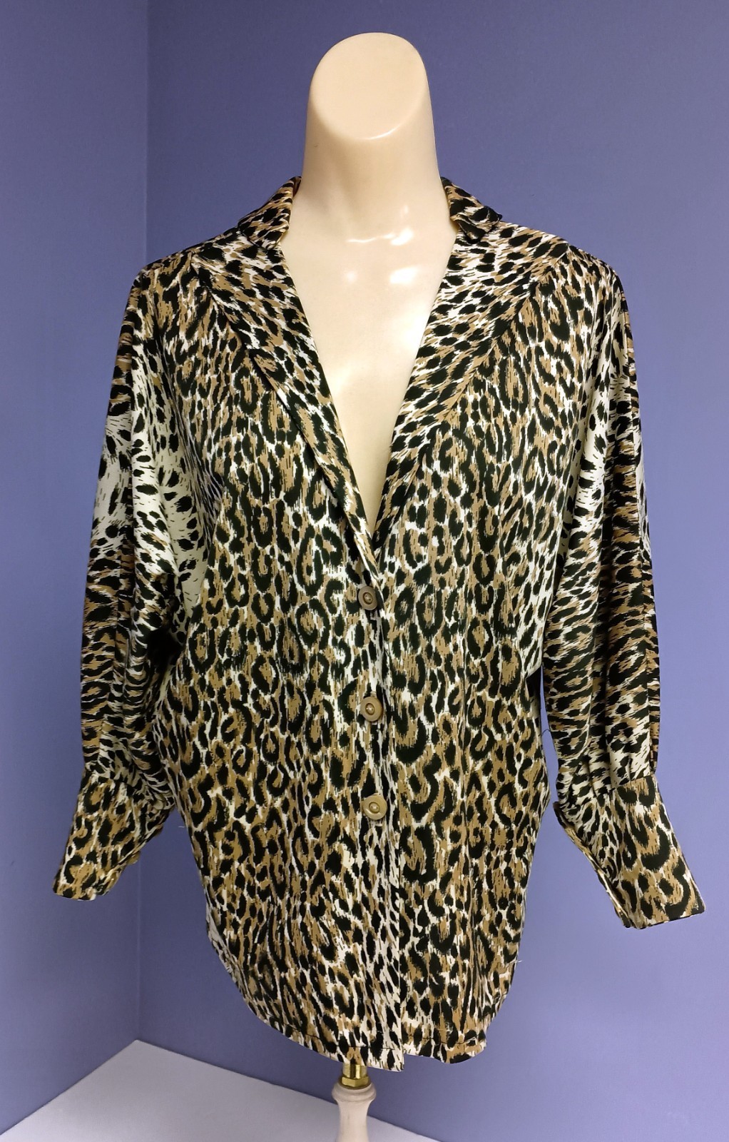 Vtg 80’s Blouse Br/Blk Leopard Print Handmade V-Neck Batwing Blouse Lg Petite