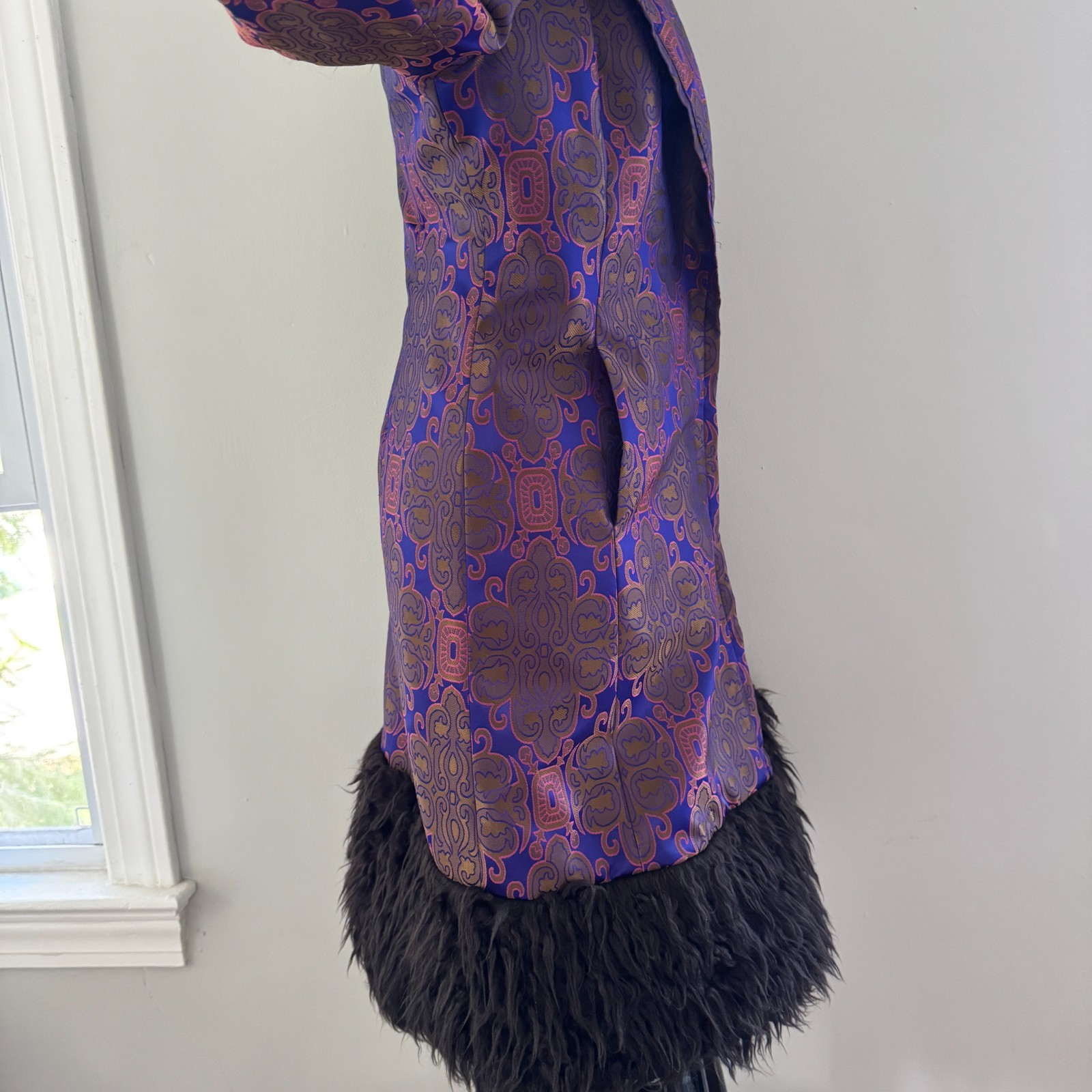 90s vtg VIVIENNE TAM Purple Gold IRIDESCENT Brocade Rave Penny Lane Fur Coat Y2K