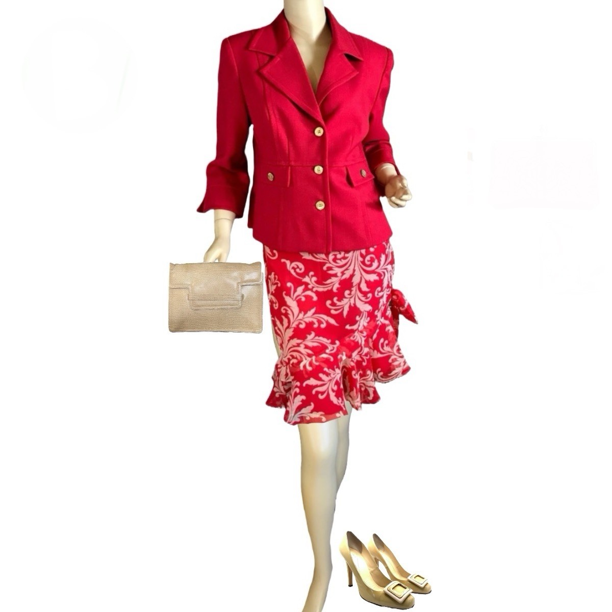 WOMEN’S VINTAGE 1990’S JULIAN TAYLOR RED & CREAM SKIRT SET SIZE 14