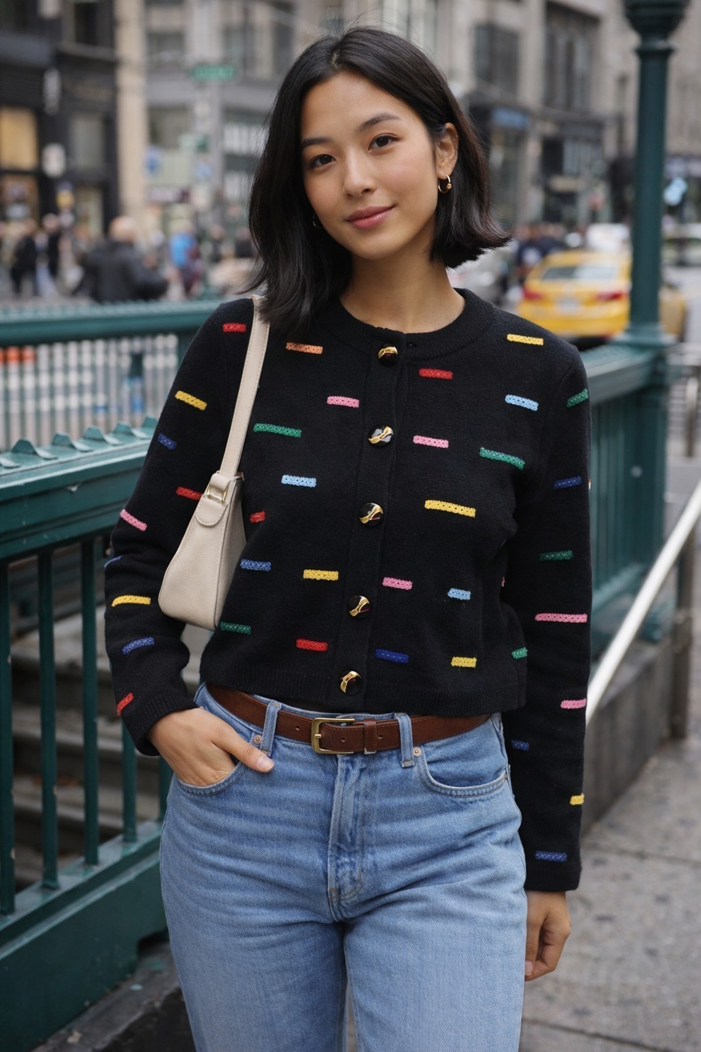 Vintage JSS Cropped Knit Cardigan Sweater Black Multicolor Embroidered USA S