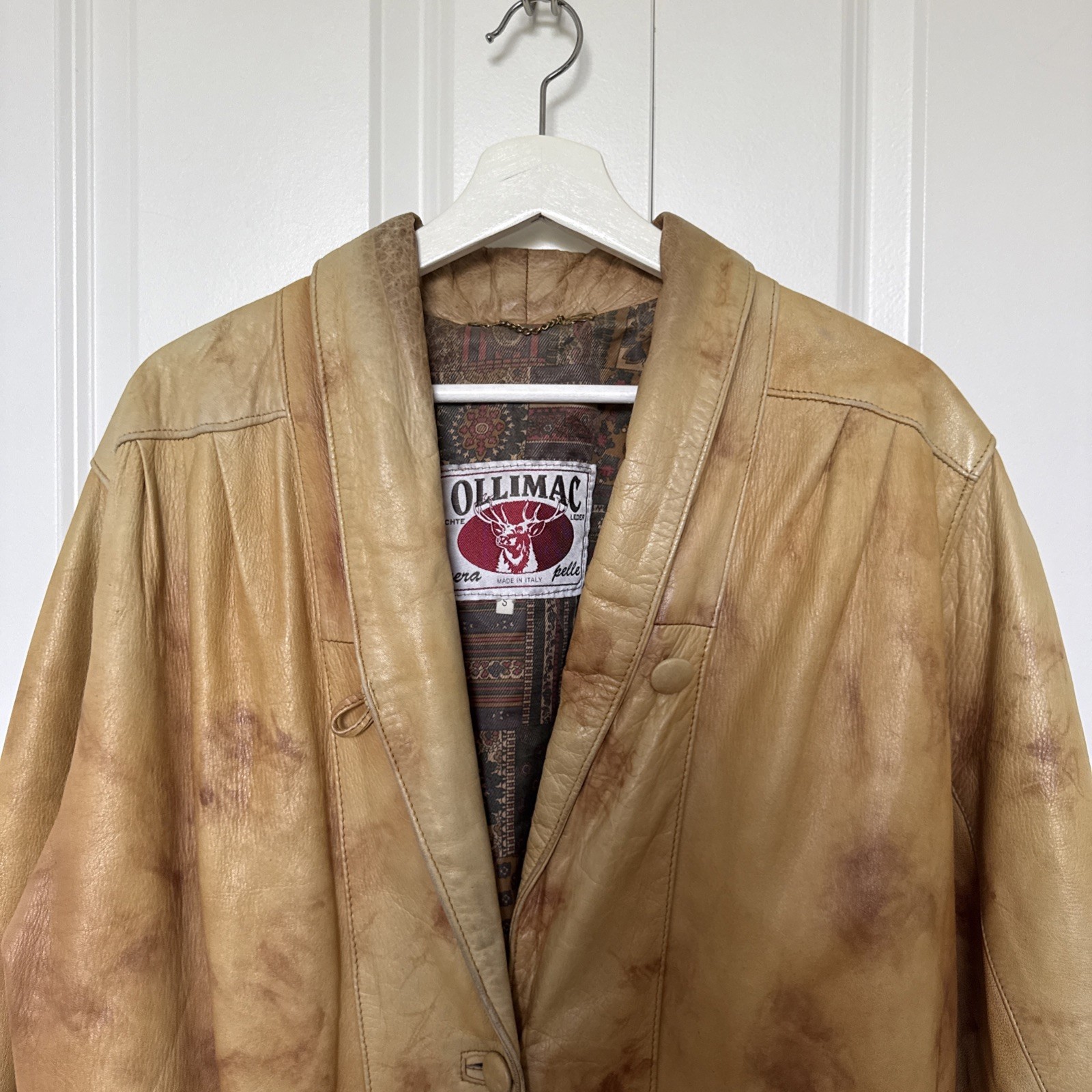 Vintage 70s/80s Tan Leather Jacket Sz S Oversized Ruched Shoulders Knot Details