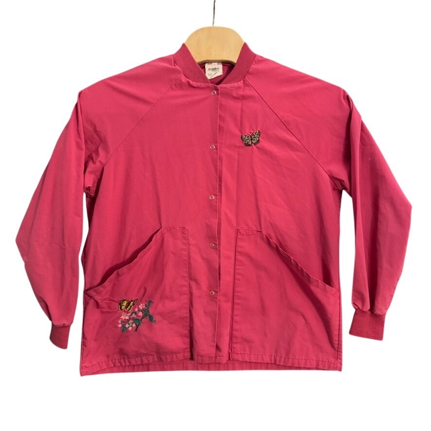 Vintage Angelica Pink Snap Front Butterfly Embroidered Jacket Made in USA Large