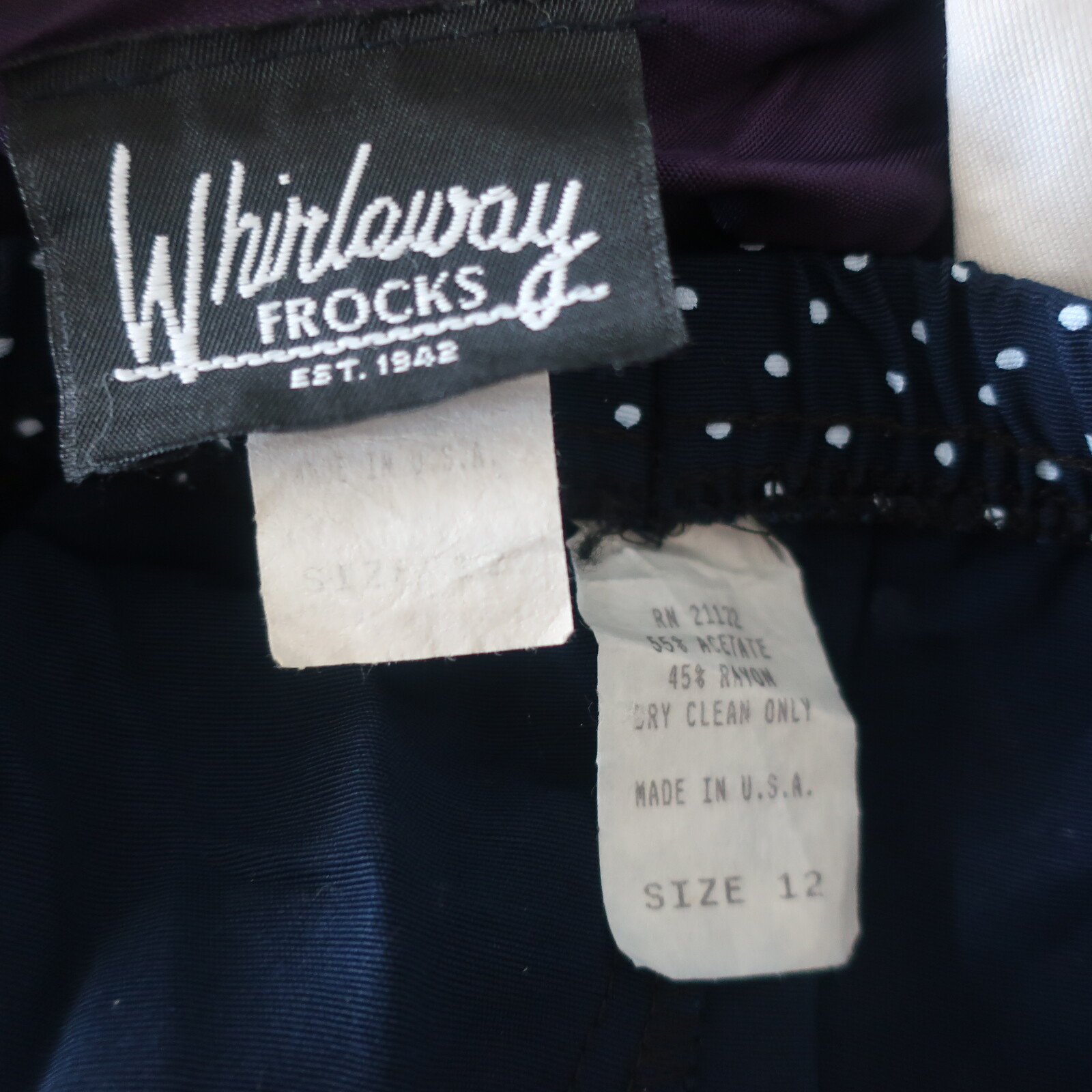 Vtg Whirlaway Frocks Blue White Polka Dots Print Pearl Skirt Suit Sz 12 USA Made