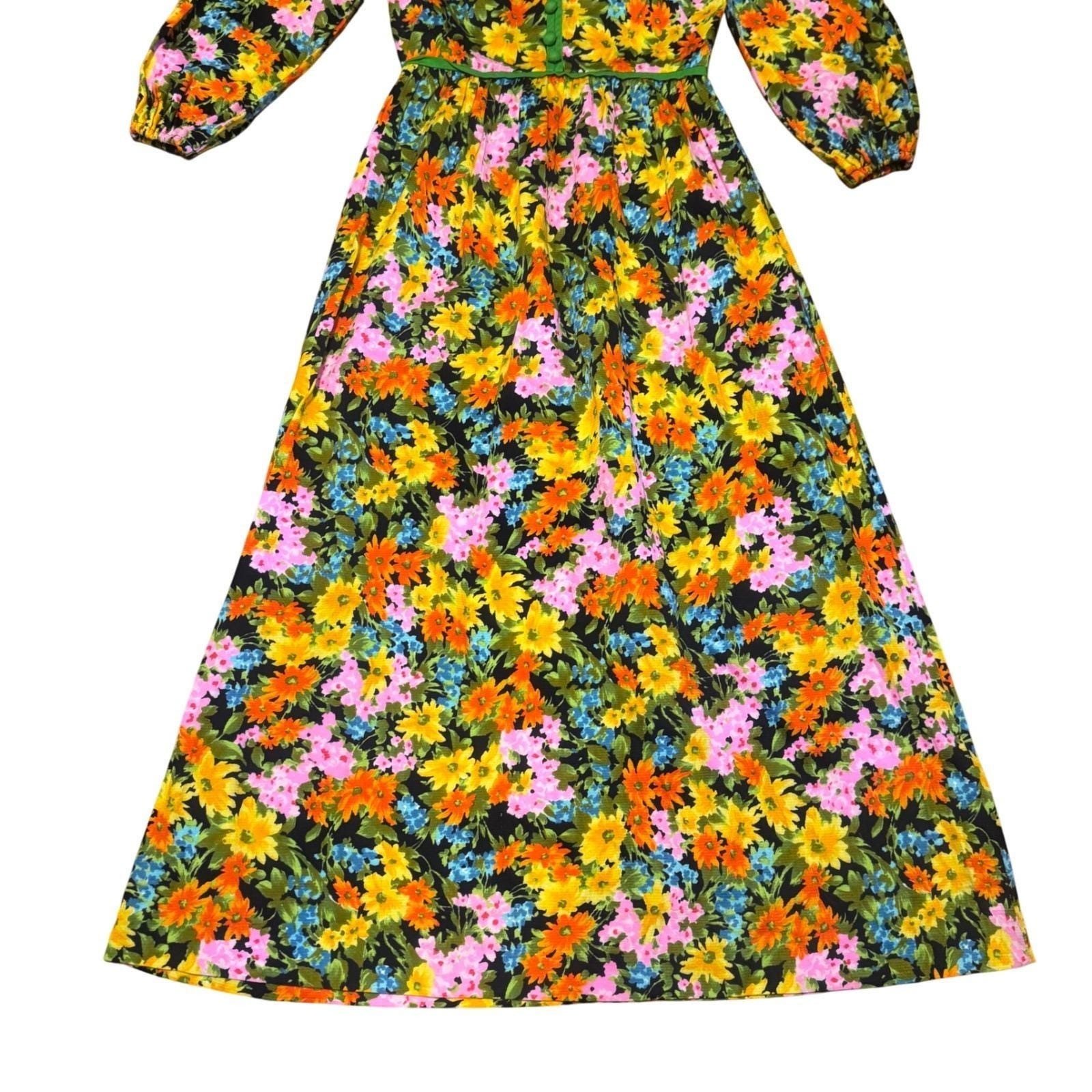 Vintage Tori Richard Honolulu Floral Barkcloth Maxi Dress Green Orange 70s Boho